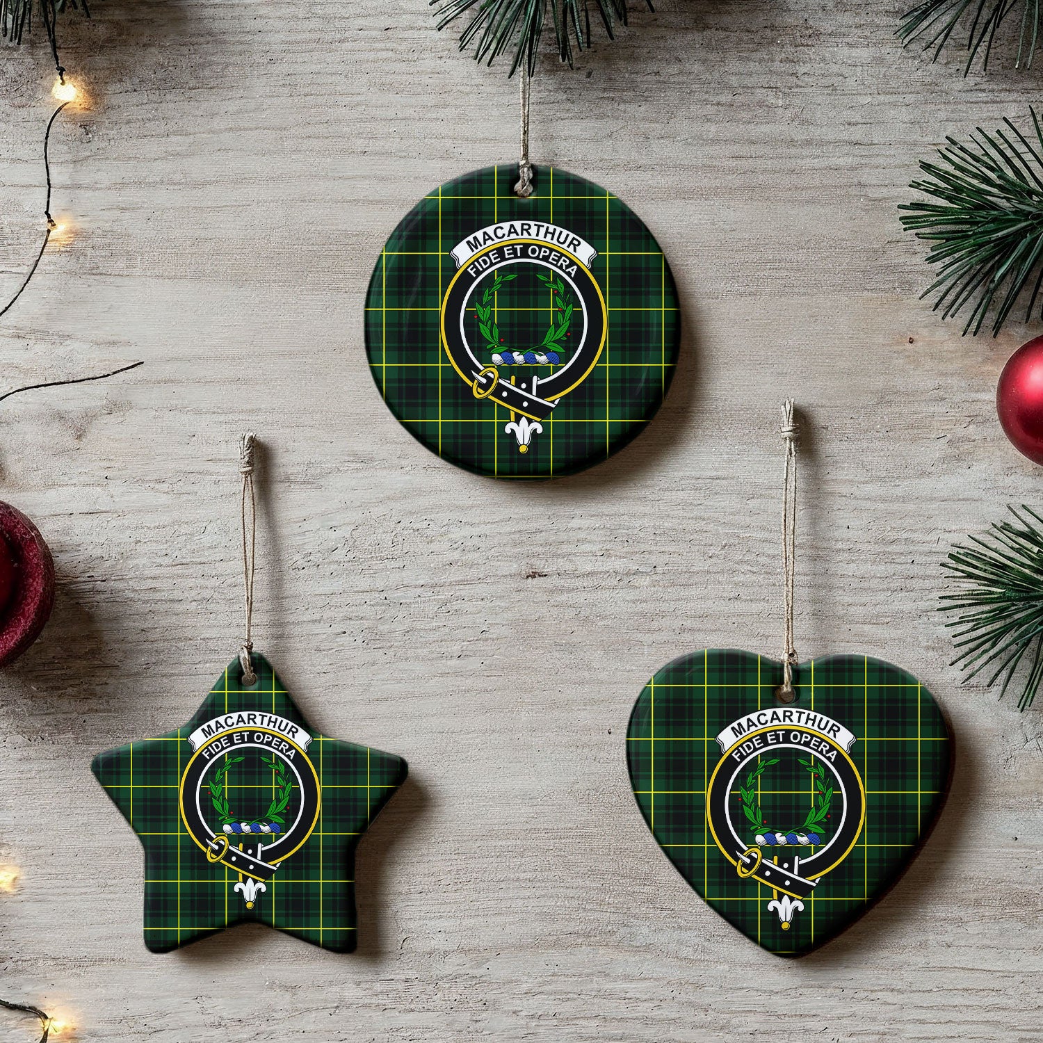 MacArthur Modern Tartan Crest Christmas Ceramic Ornament