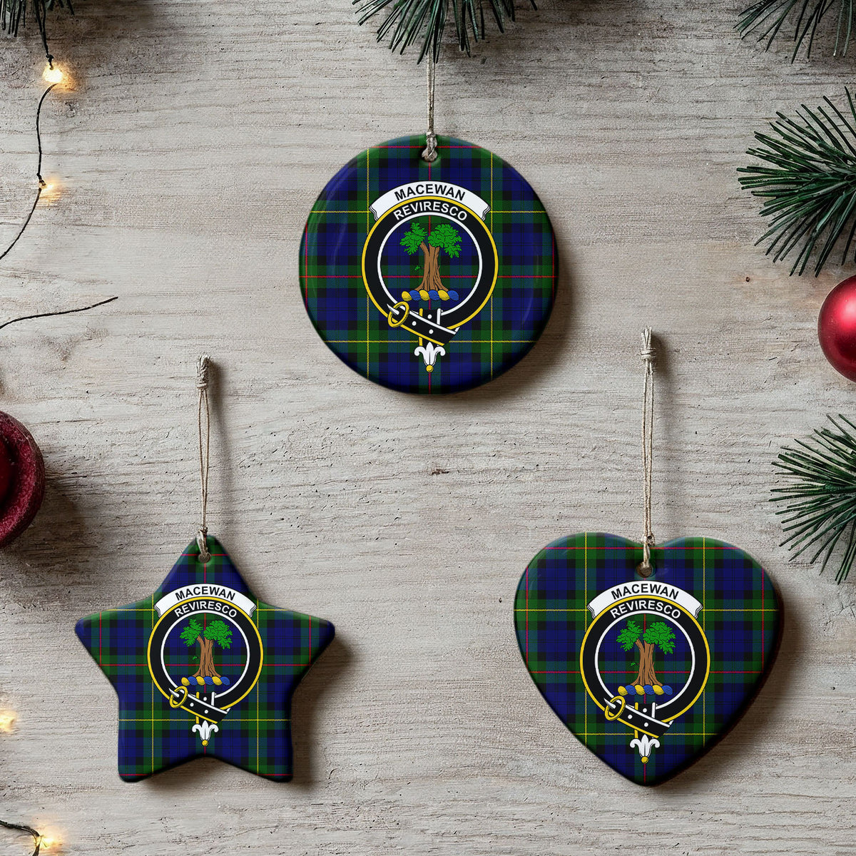 MacEwan Modern Tartan Crest Christmas Ceramic Ornament