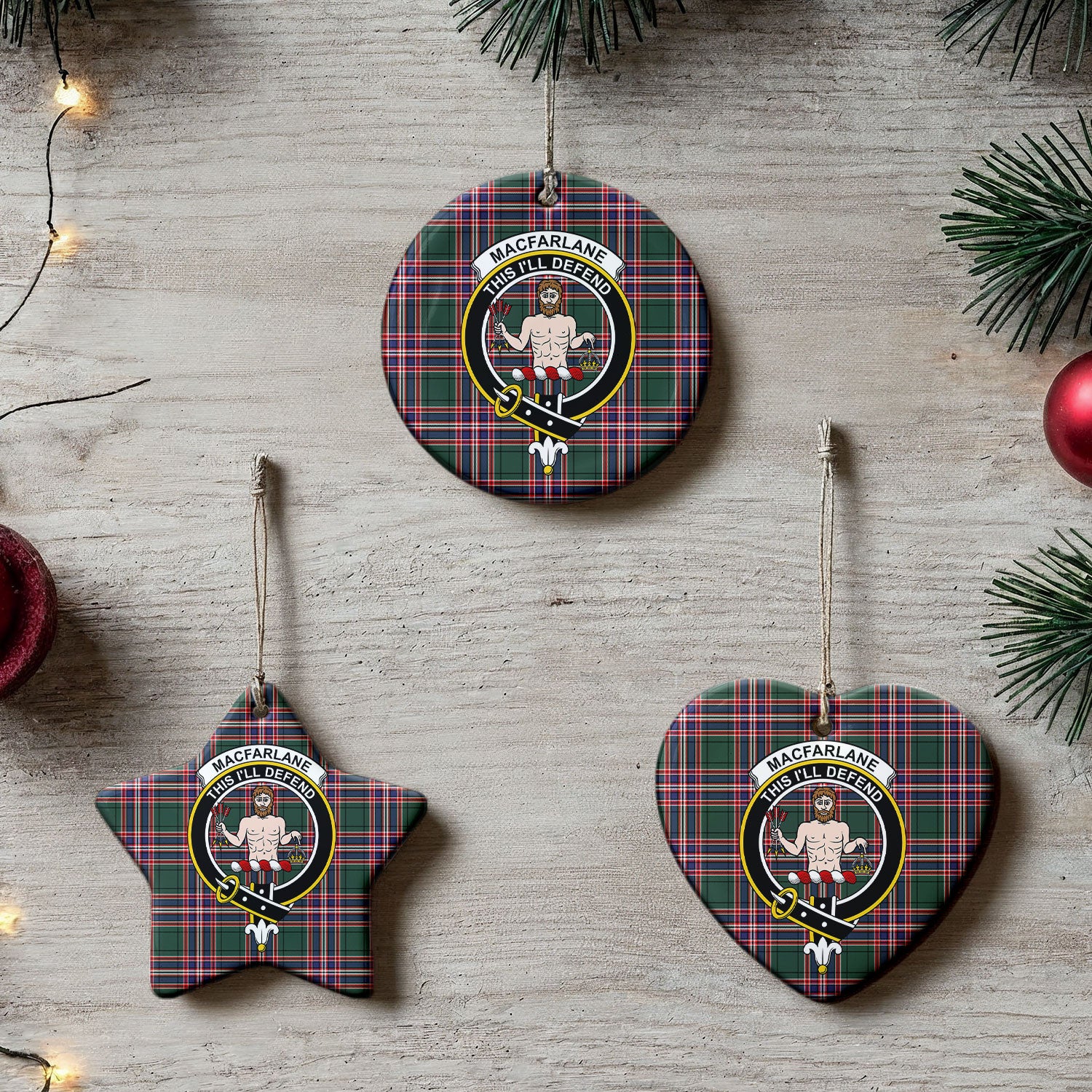 MacFarlane Hunting Modern Tartan Crest Christmas Ceramic Ornament