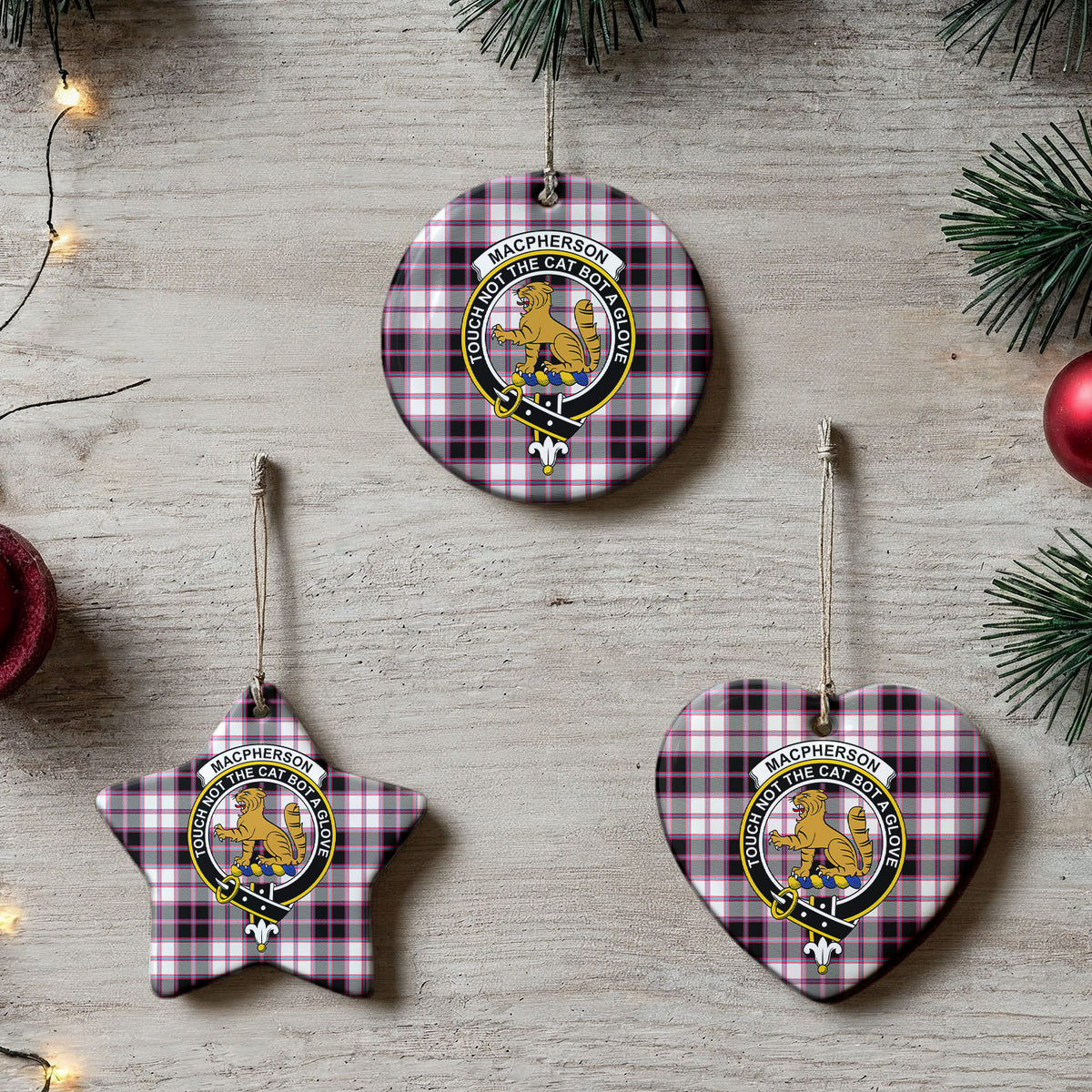 MacPherson Hunting Modern Tartan Crest Christmas Ceramic Ornament