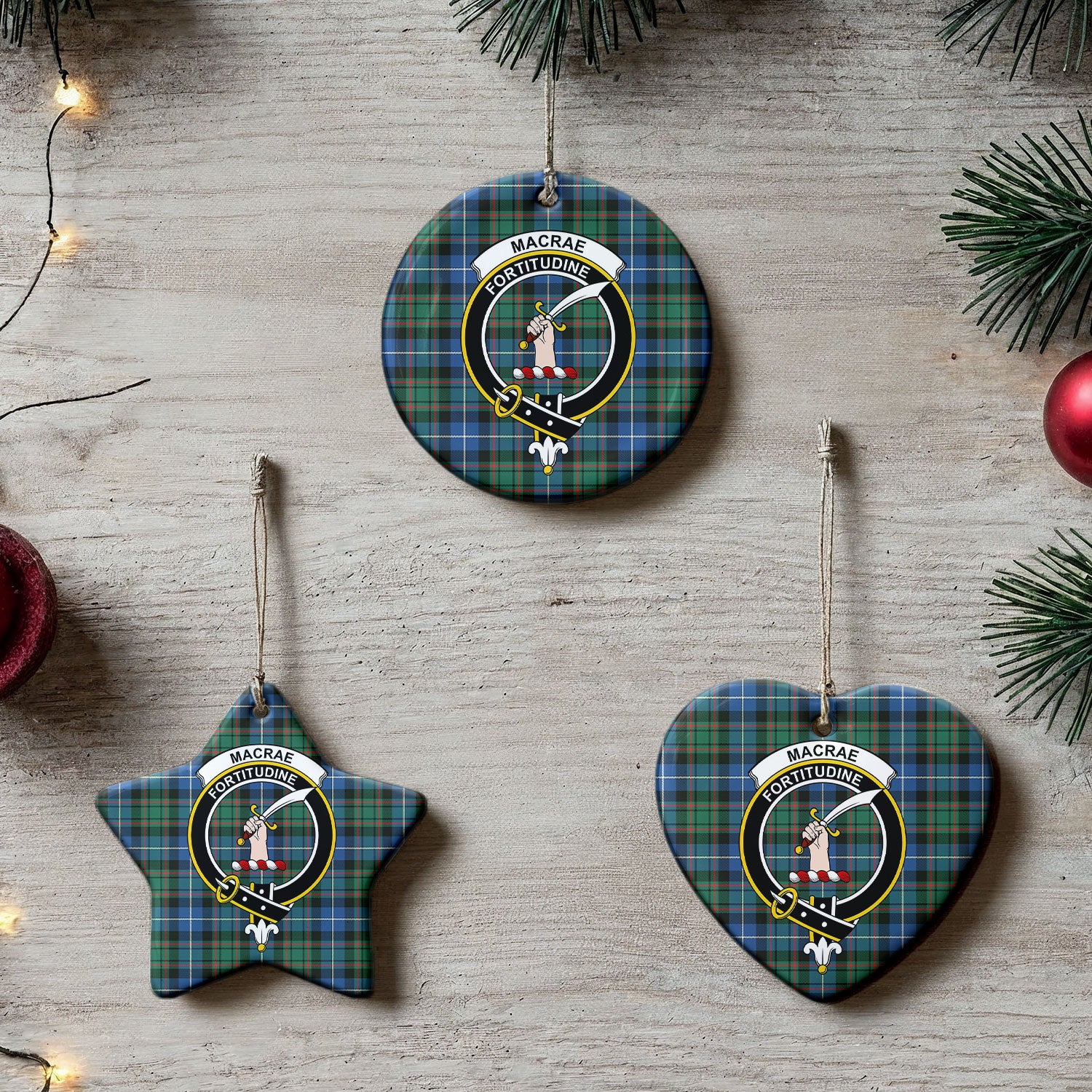 MacRae Hunting Ancient Tartan Crest Christmas Ceramic Ornament