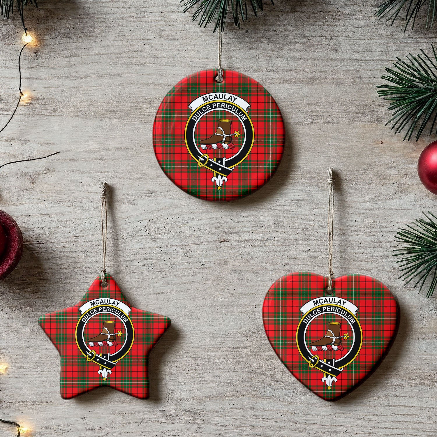 McAulay Modern Tartan Crest Christmas Ceramic Ornament