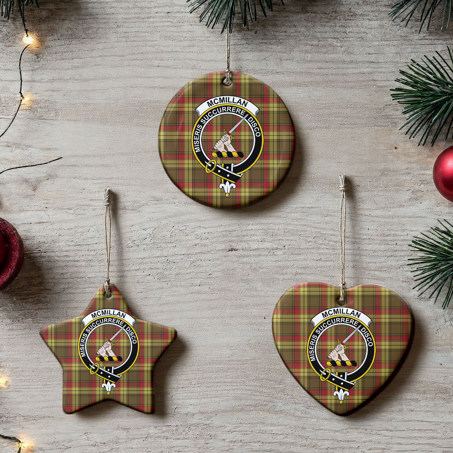 McMillan Old Weathered Tartan Crest Christmas Ceramic Ornament