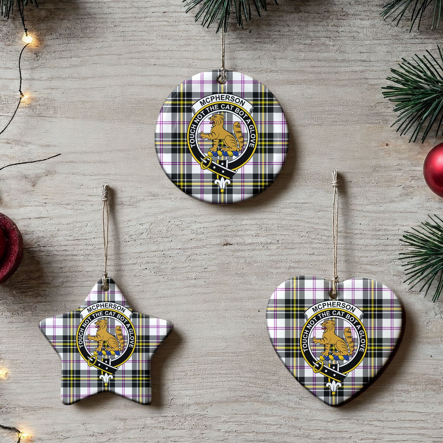 McPherson Dress Modern Tartan Crest Christmas Ceramic Ornament