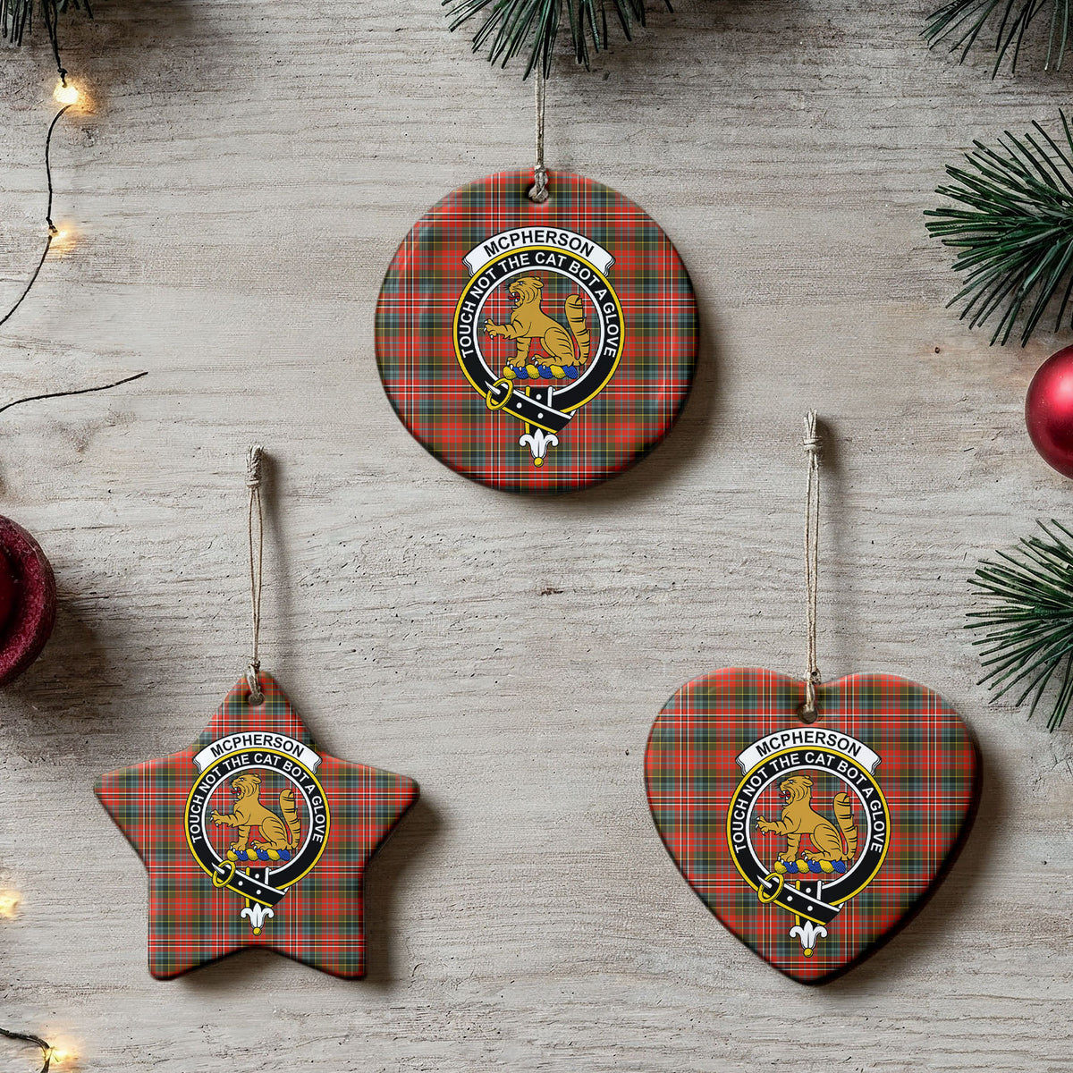 McPherson Weathered Tartan Crest Christmas Ceramic Ornament