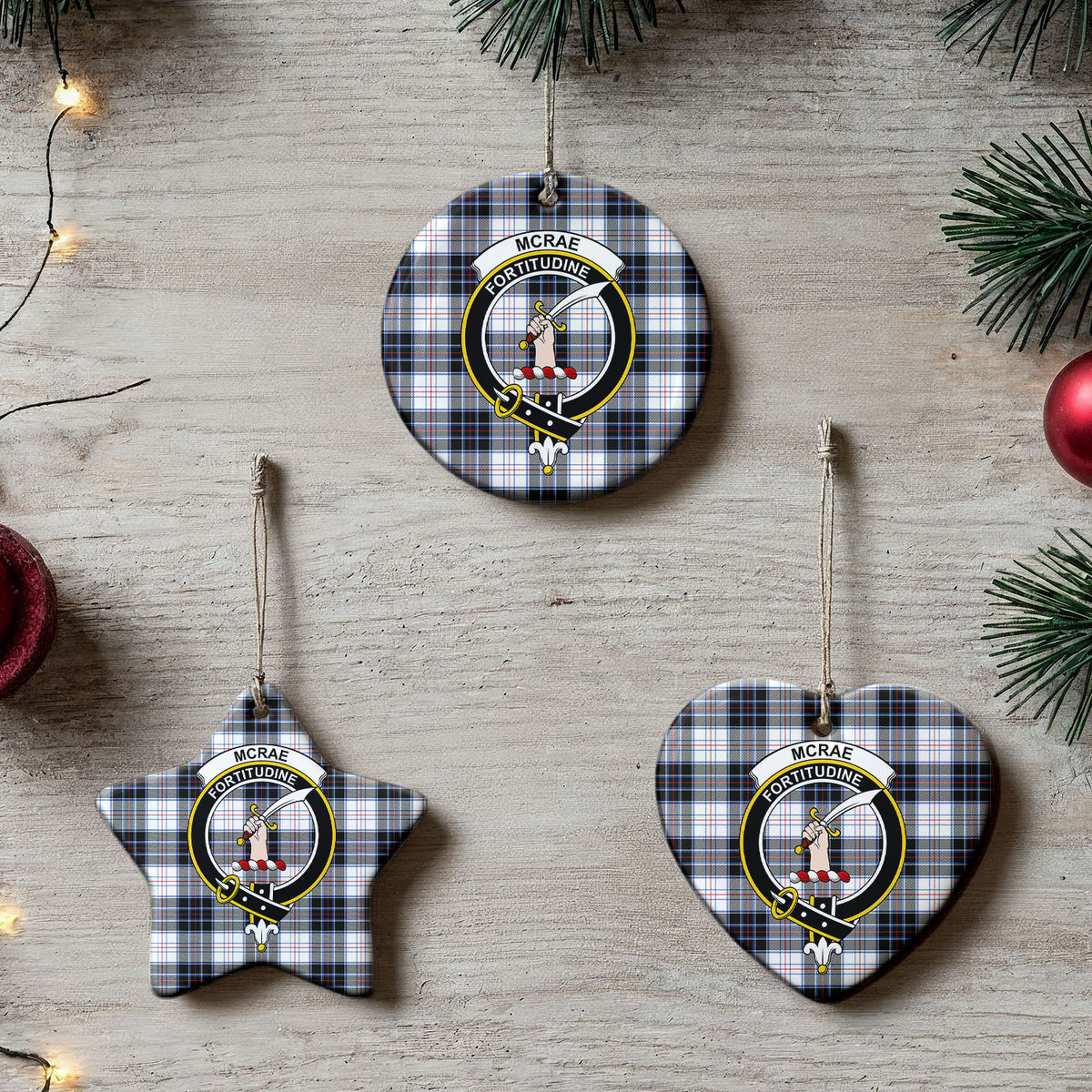 McRae Dress Modern Tartan Crest Christmas Ceramic Ornament