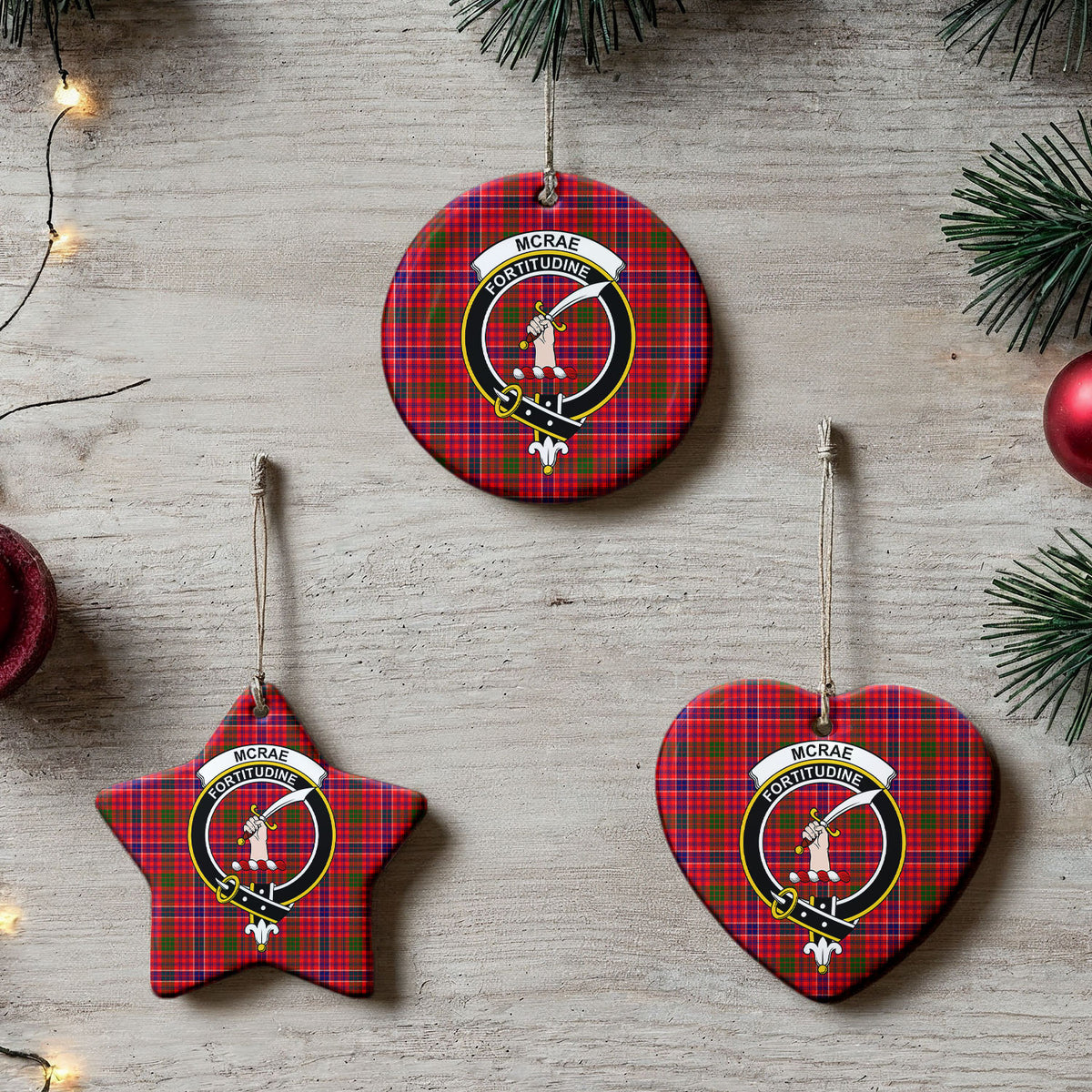 McRae Modern Tartan Crest Christmas Ceramic Ornament