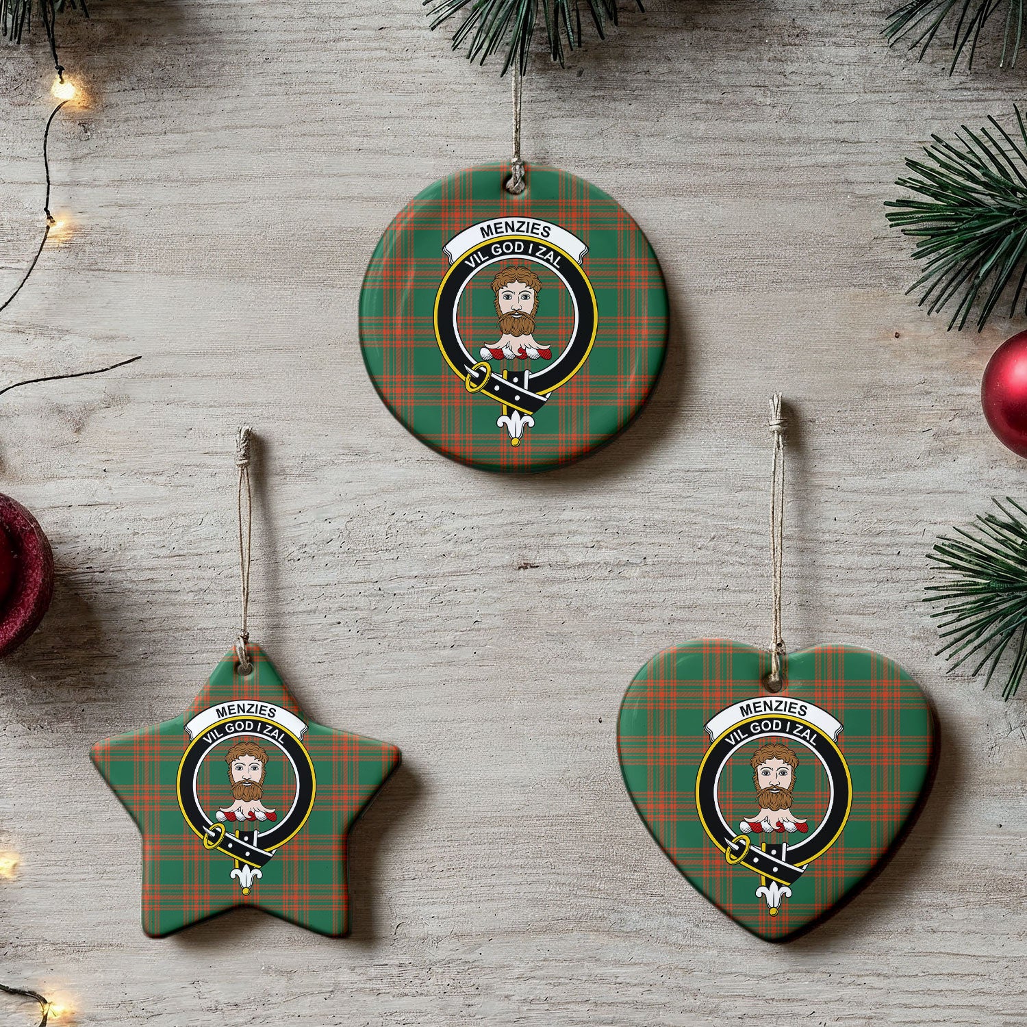 Menzies Green Ancient Tartan Crest Christmas Ceramic Ornament