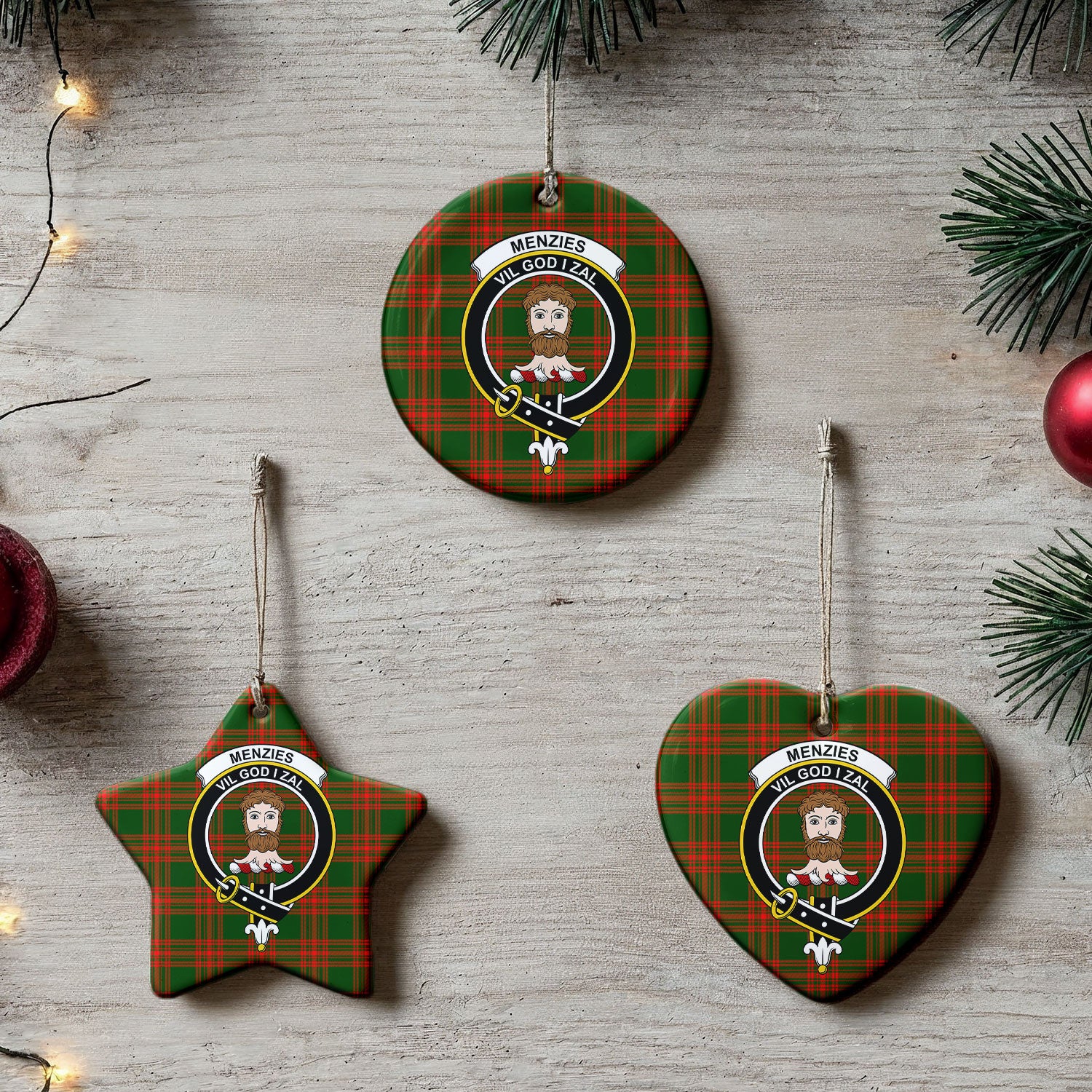 Menzies Green Modern Tartan Crest Christmas Ceramic Ornament