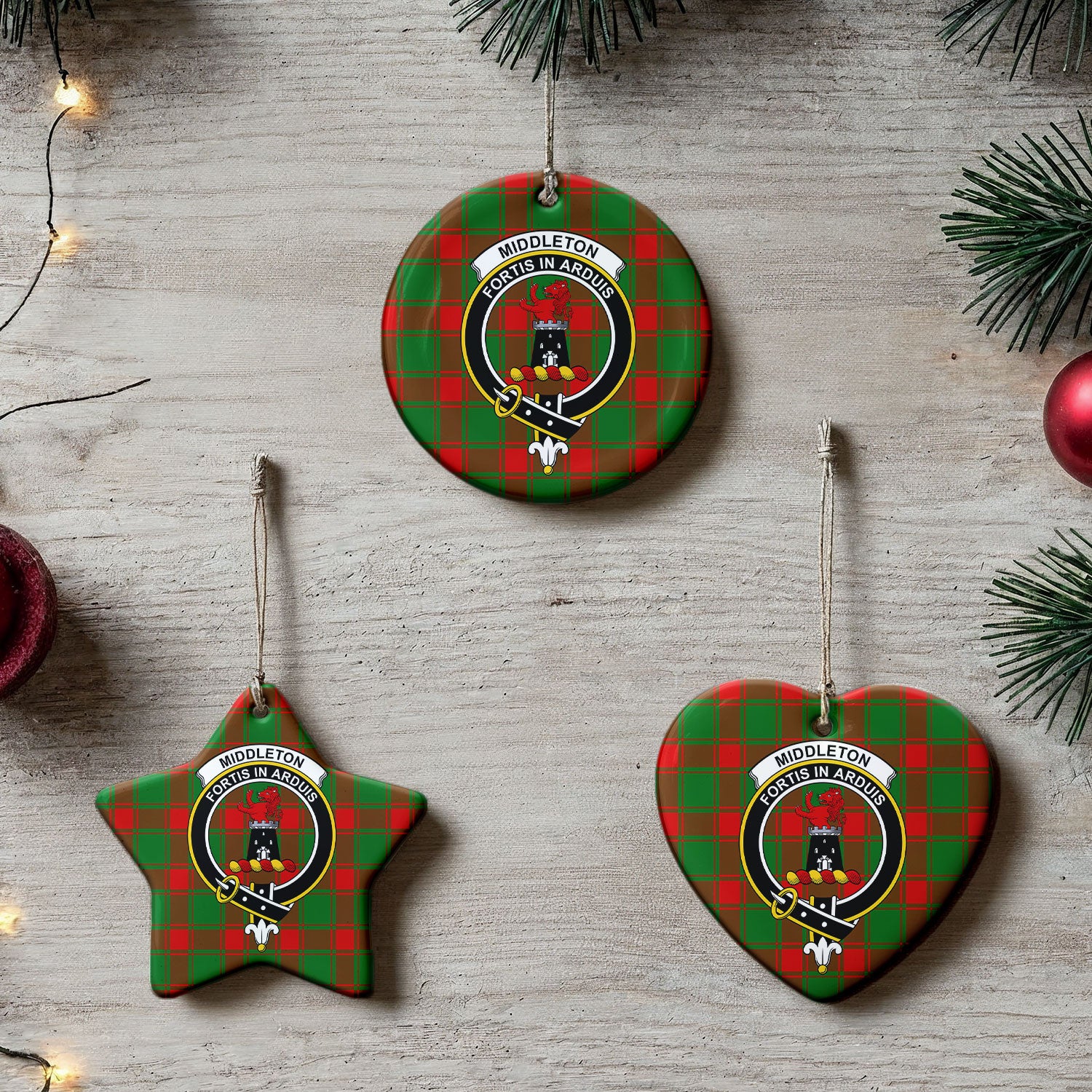 Middleton Modern Tartan Crest Christmas Ceramic Ornament