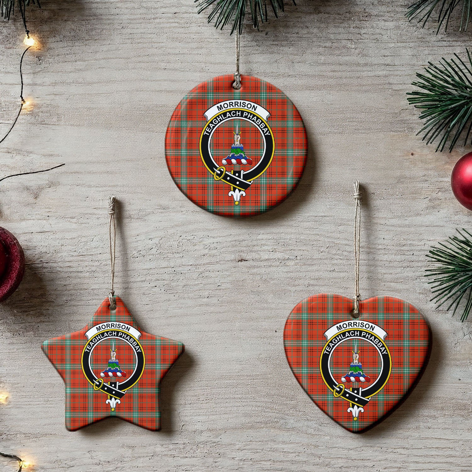 Morrison Red Ancient Tartan Crest Christmas Ceramic Ornament