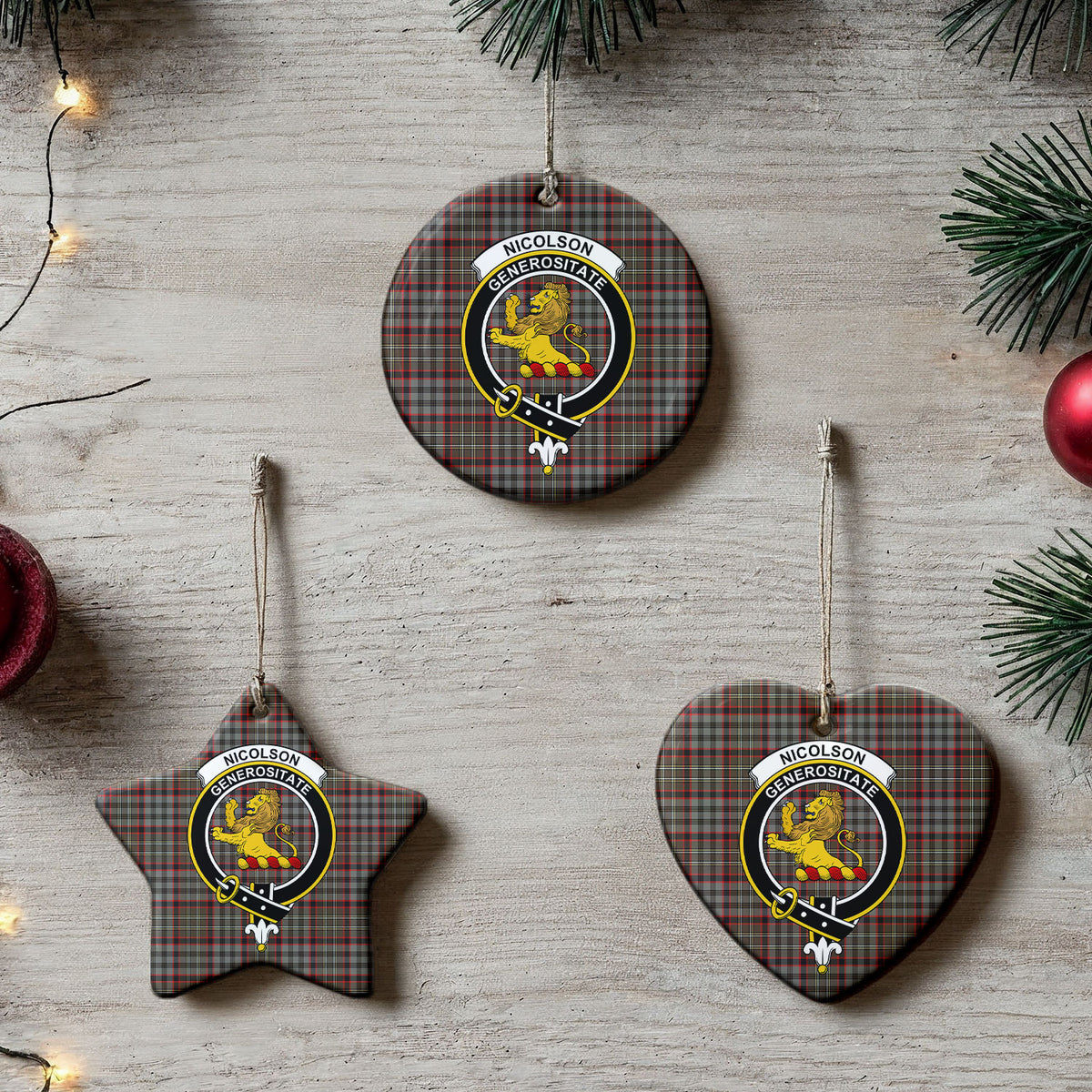 Nicolson Hunting Weathered Tartan Crest Christmas Ceramic Ornament