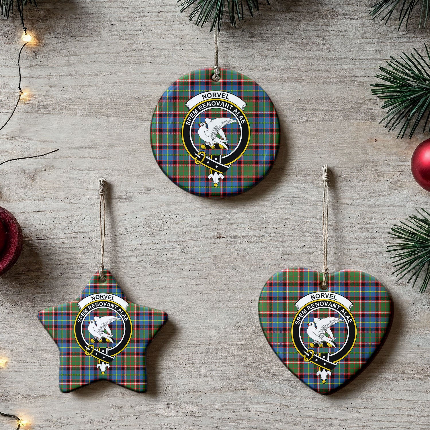 Norvel (or Norvill) Tartan Crest Christmas Ceramic Ornament