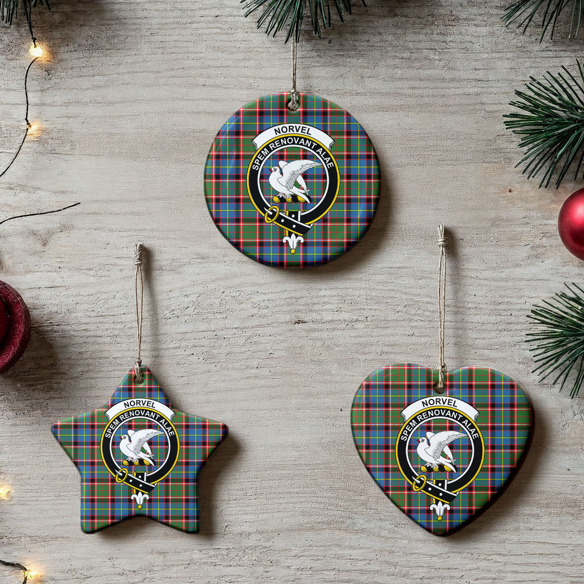 Norvel (or Norvill) Tartan Crest Christmas Ceramic Ornament