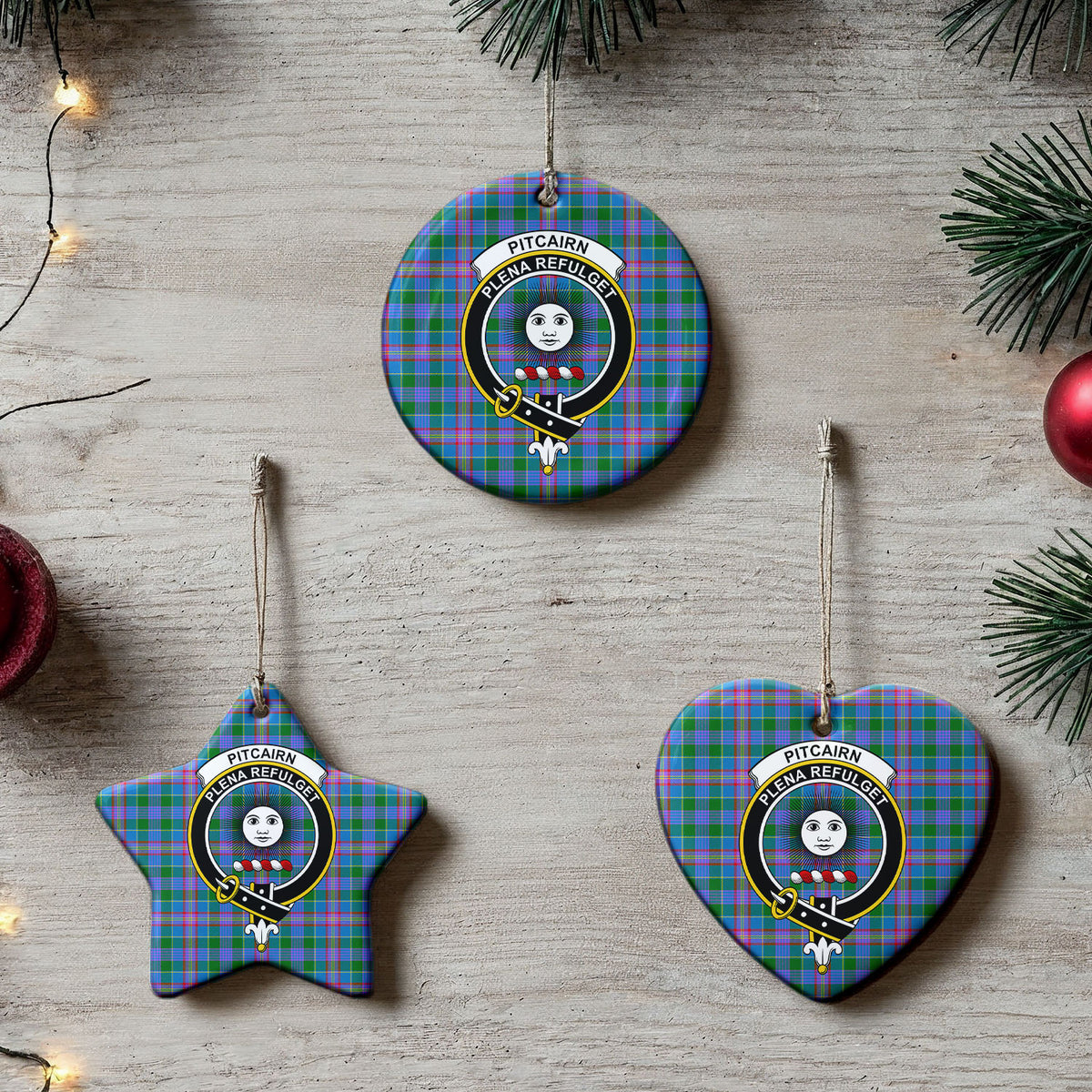 Pitcairn Hunting Tartan Crest Christmas Ceramic Ornament