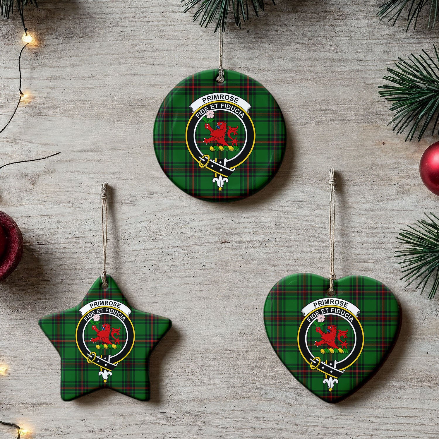 Primrose Tartan Crest Christmas Ceramic Ornament