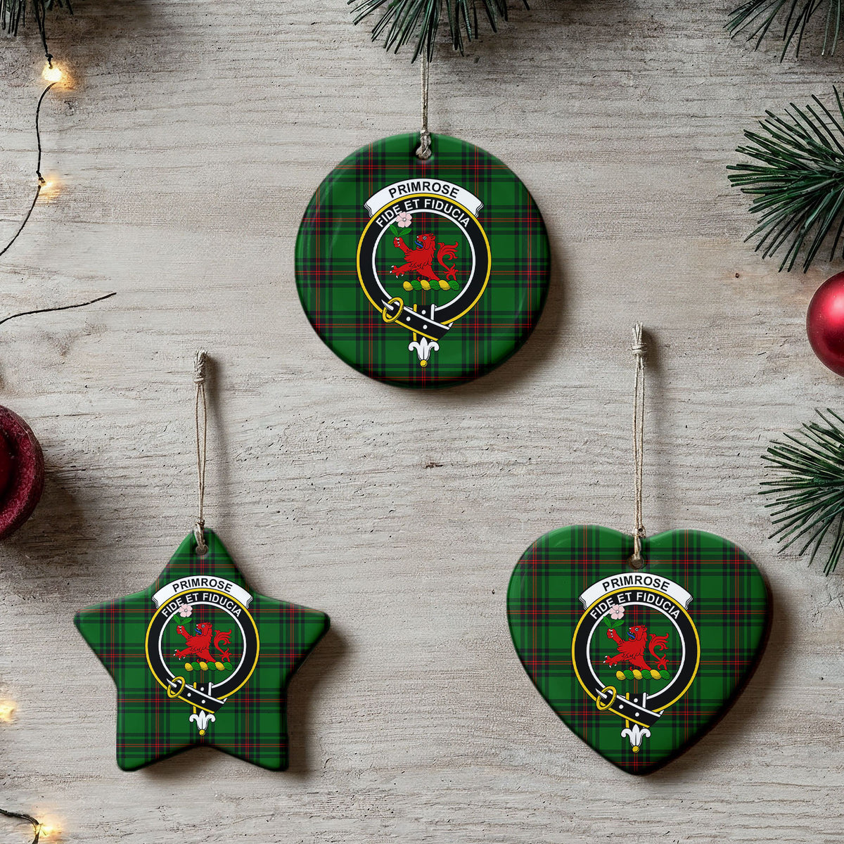 Primrose Tartan Crest Christmas Ceramic Ornament