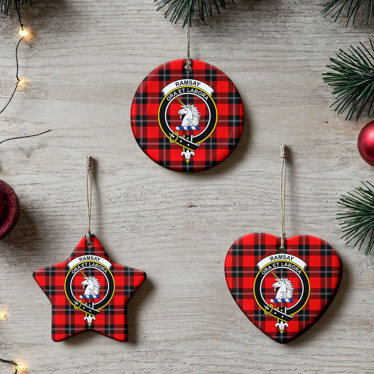 Ramsay Modern Tartan Crest Christmas Ceramic Ornament