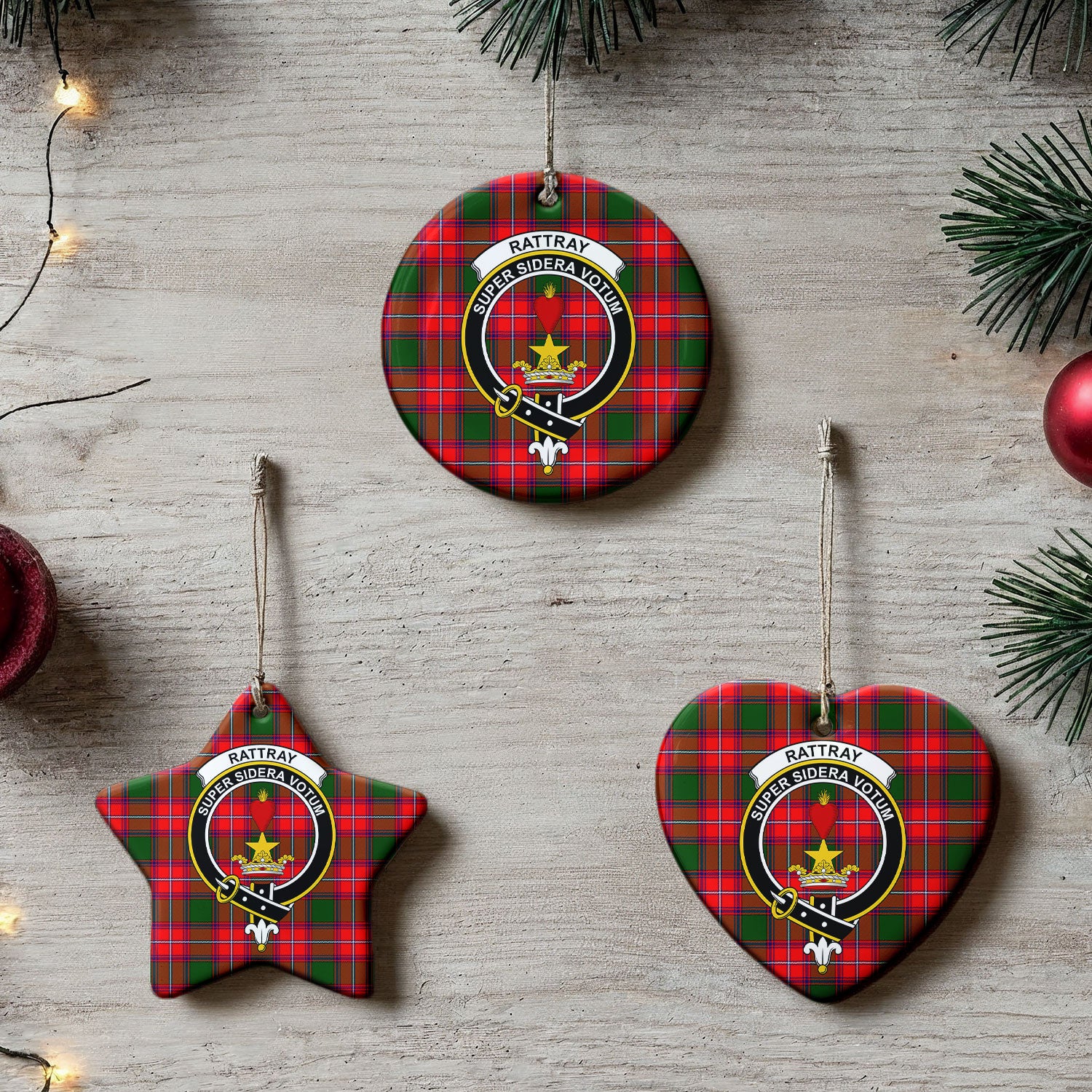 Rattray Modern Tartan Crest Christmas Ceramic Ornament