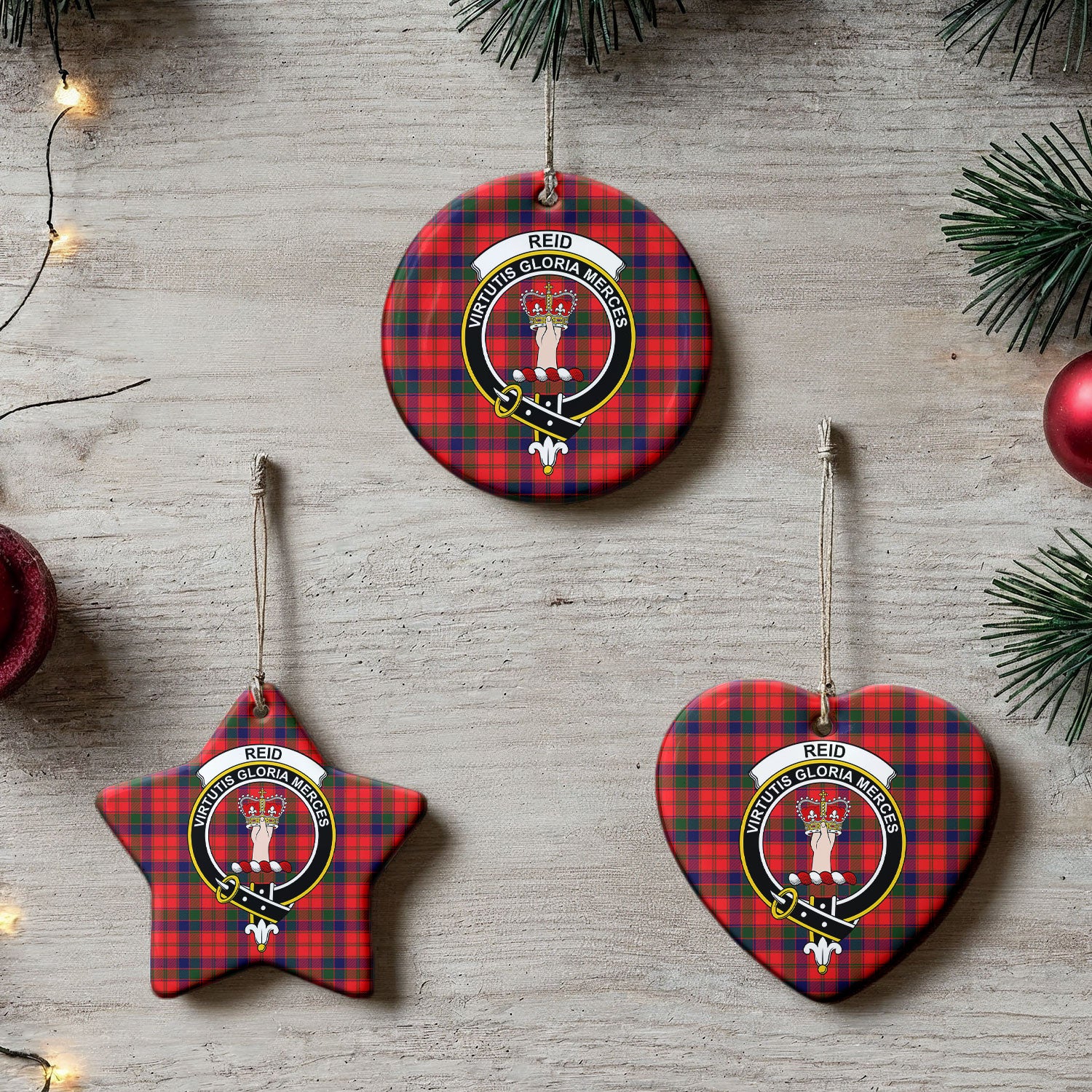 Reid Modern Tartan Crest Christmas Ceramic Ornament
