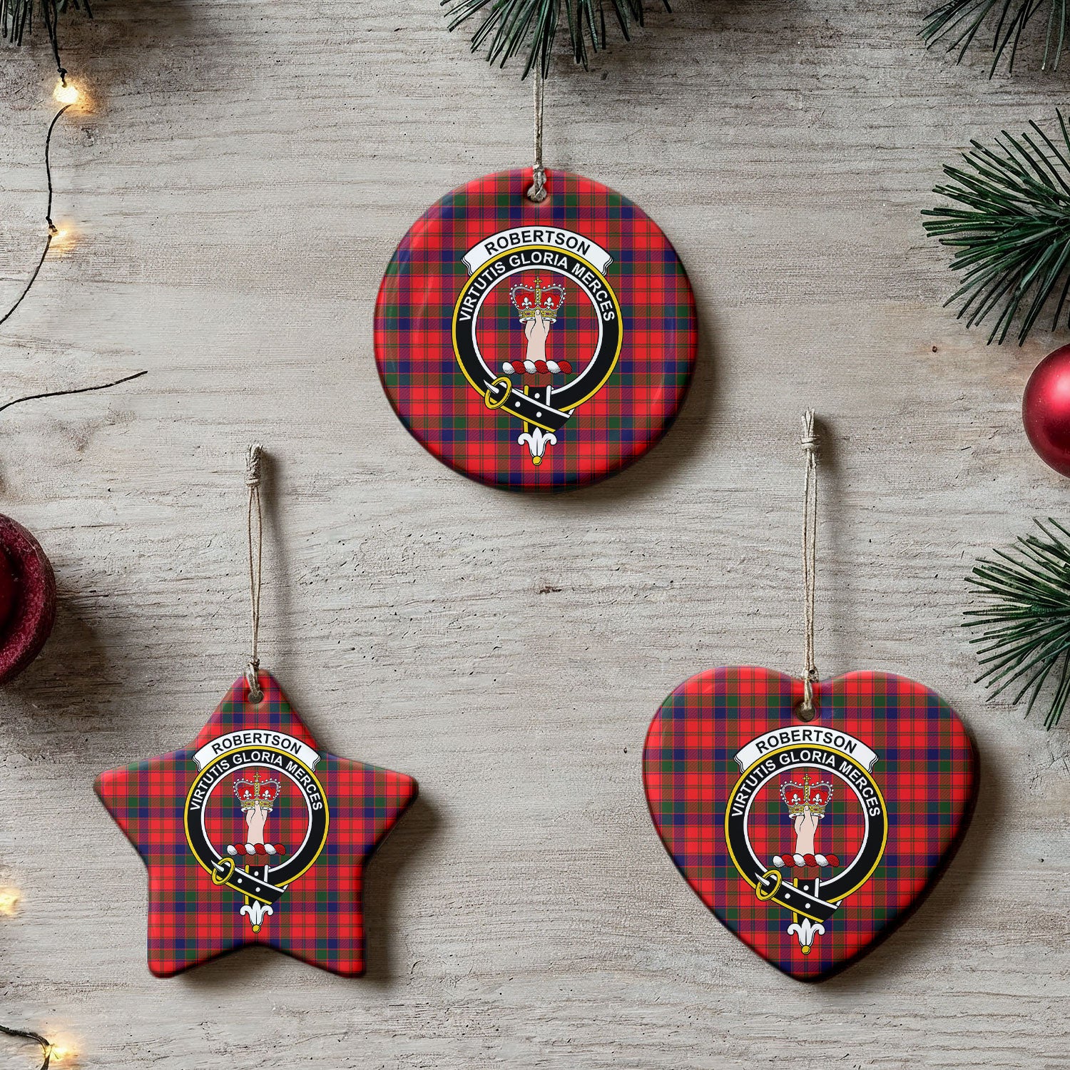 Robertson Modern Tartan Crest Christmas Ceramic Ornament
