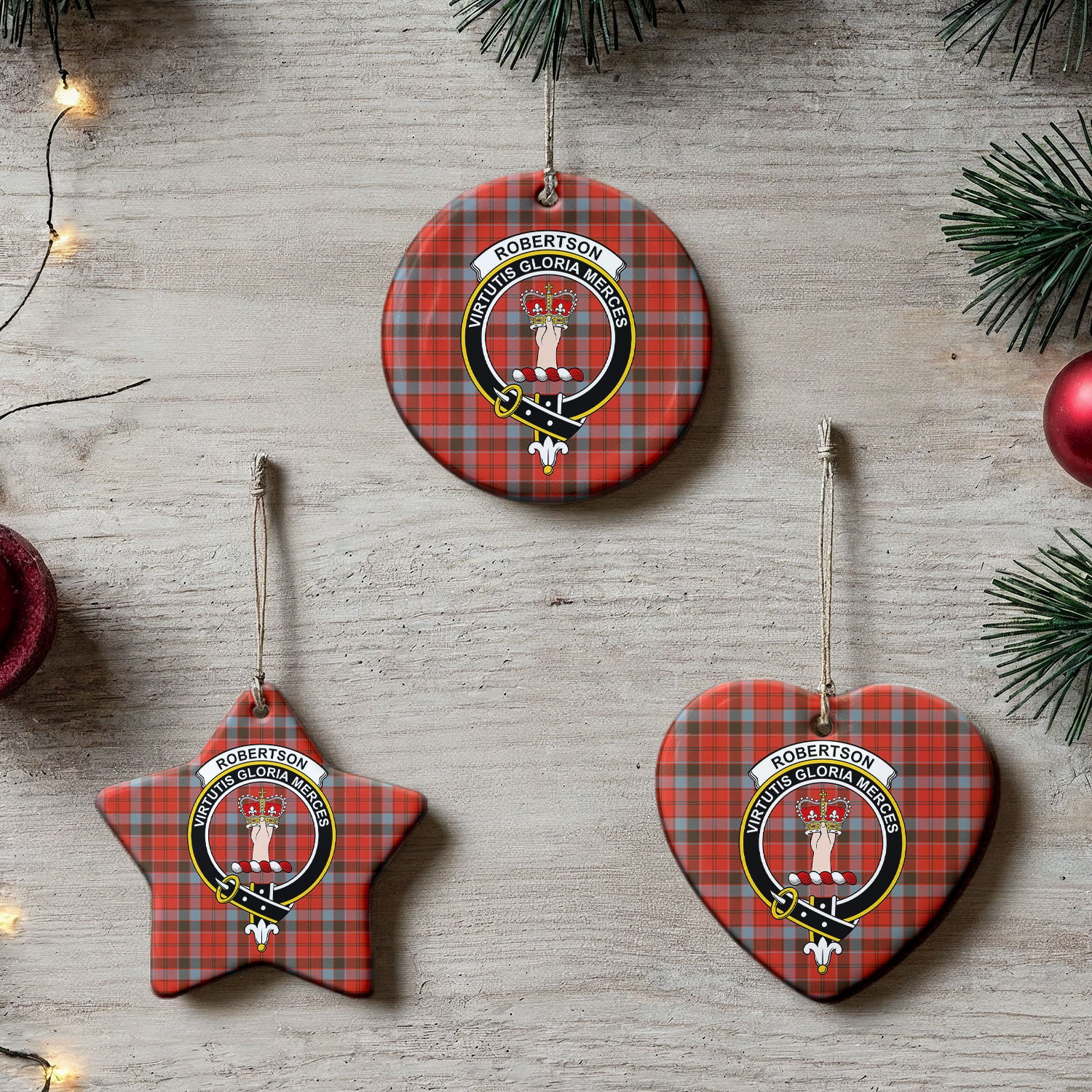 Robertson Weathered Tartan Crest Christmas Ceramic Ornament
