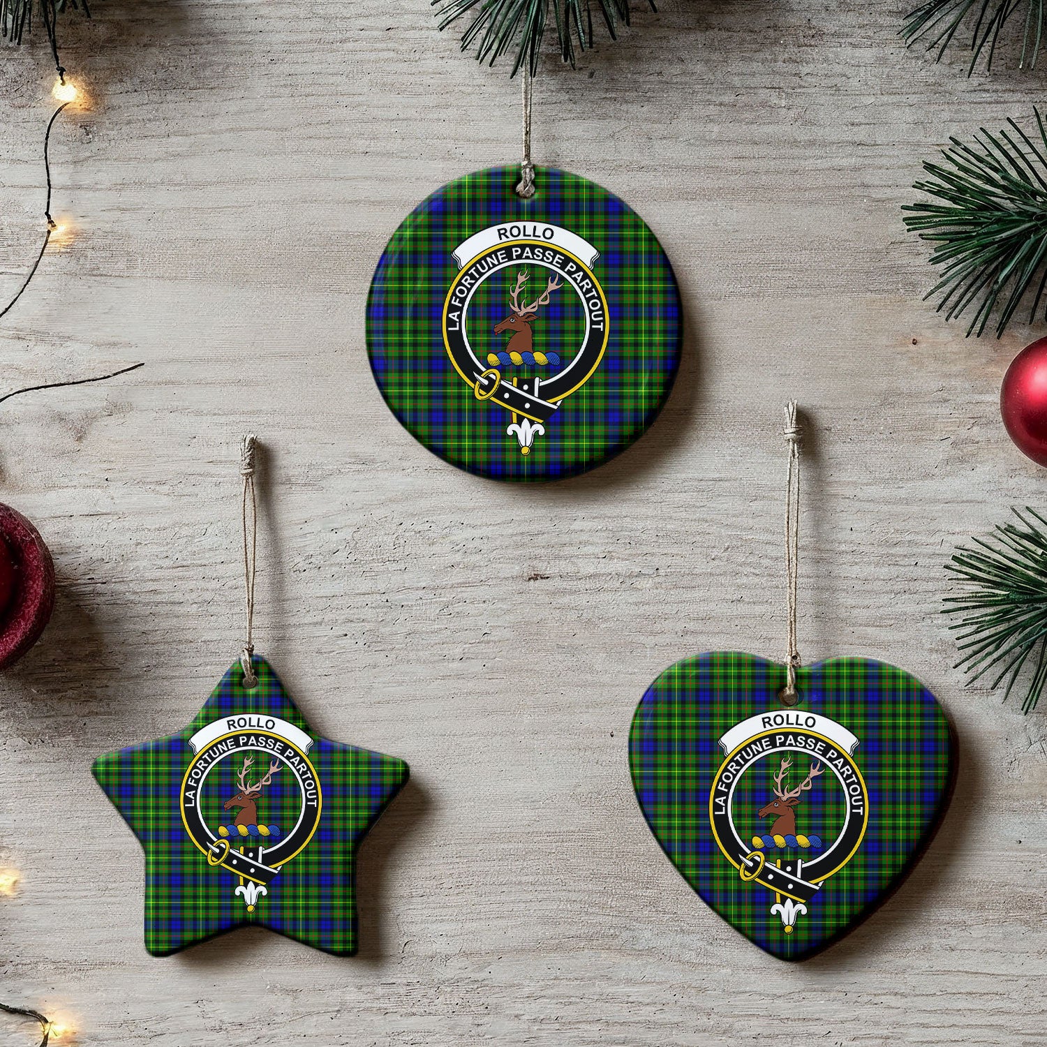 Rollo Modern Tartan Crest Christmas Ceramic Ornament