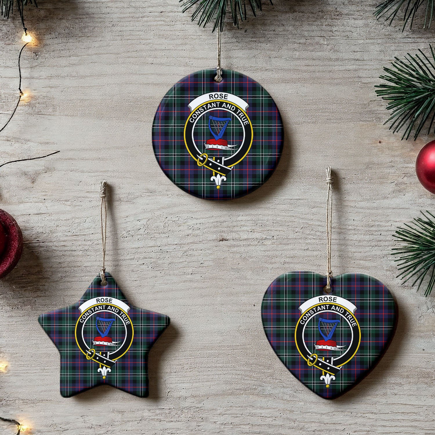 Rose Hunting Modern Tartan Crest Christmas Ceramic Ornament