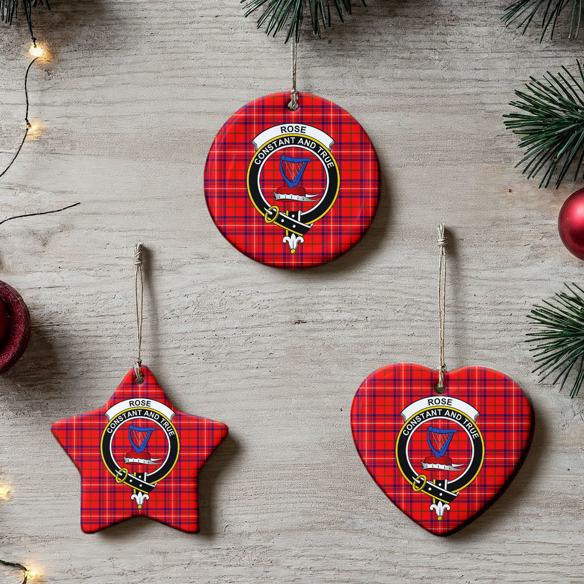 Rose Modern Tartan Crest Christmas Ceramic Ornament