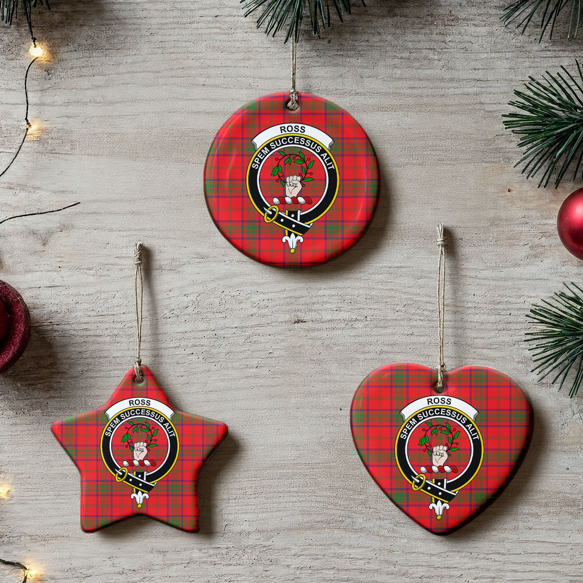 Ross Modern Tartan Crest Christmas Ceramic Ornament