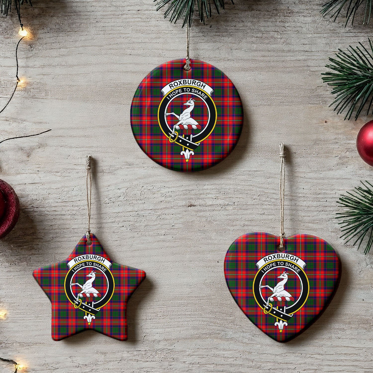 Roxburgh District Tartan Crest Christmas Ceramic Ornament