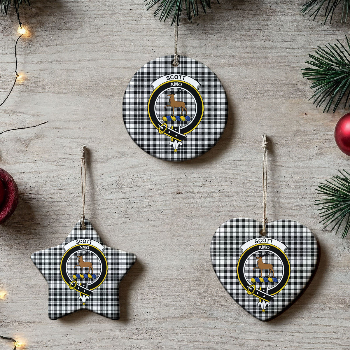 Scott Black & White Modern Tartan Crest Christmas Ceramic Ornament