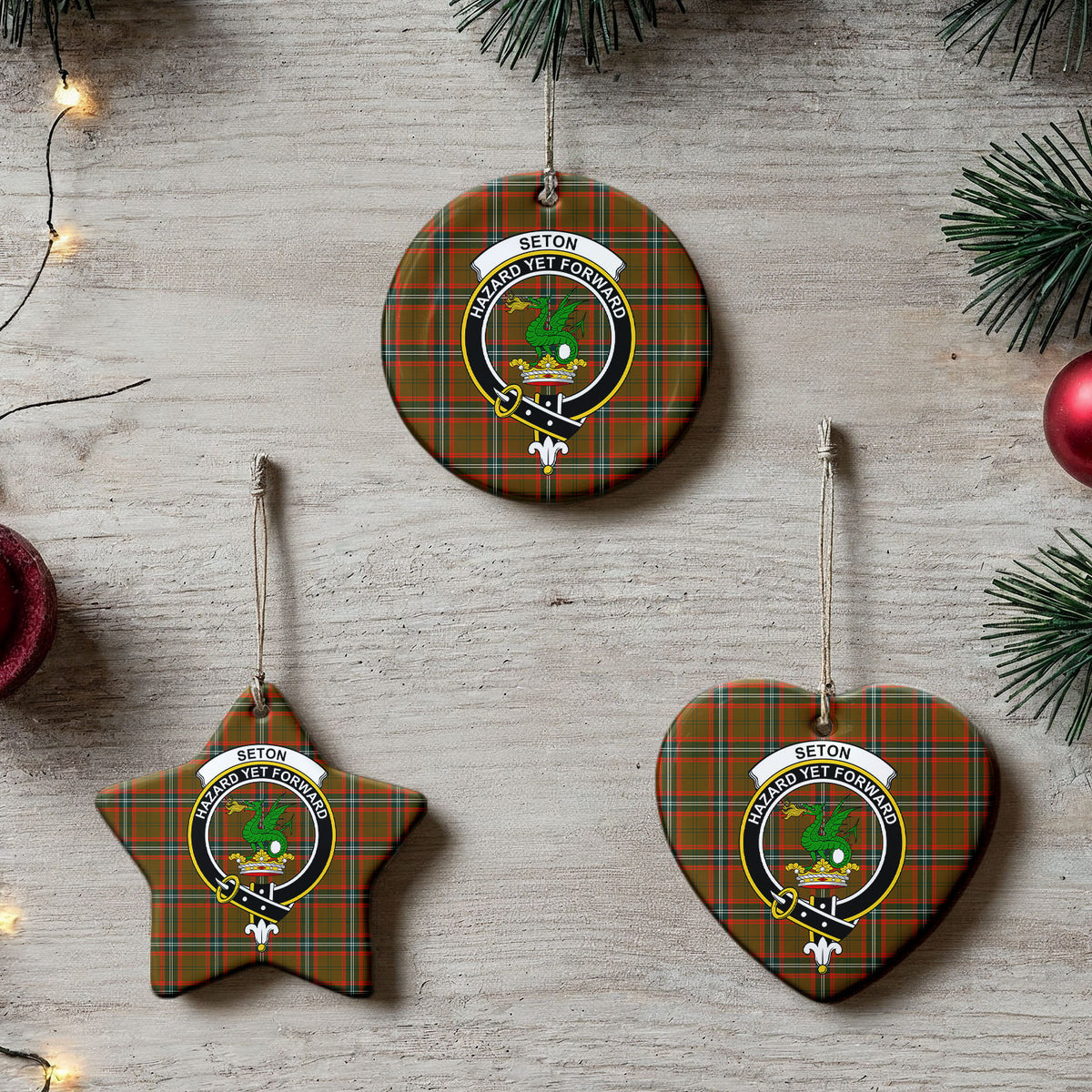 Seton Hunting Modern Tartan Crest Christmas Ceramic Ornament