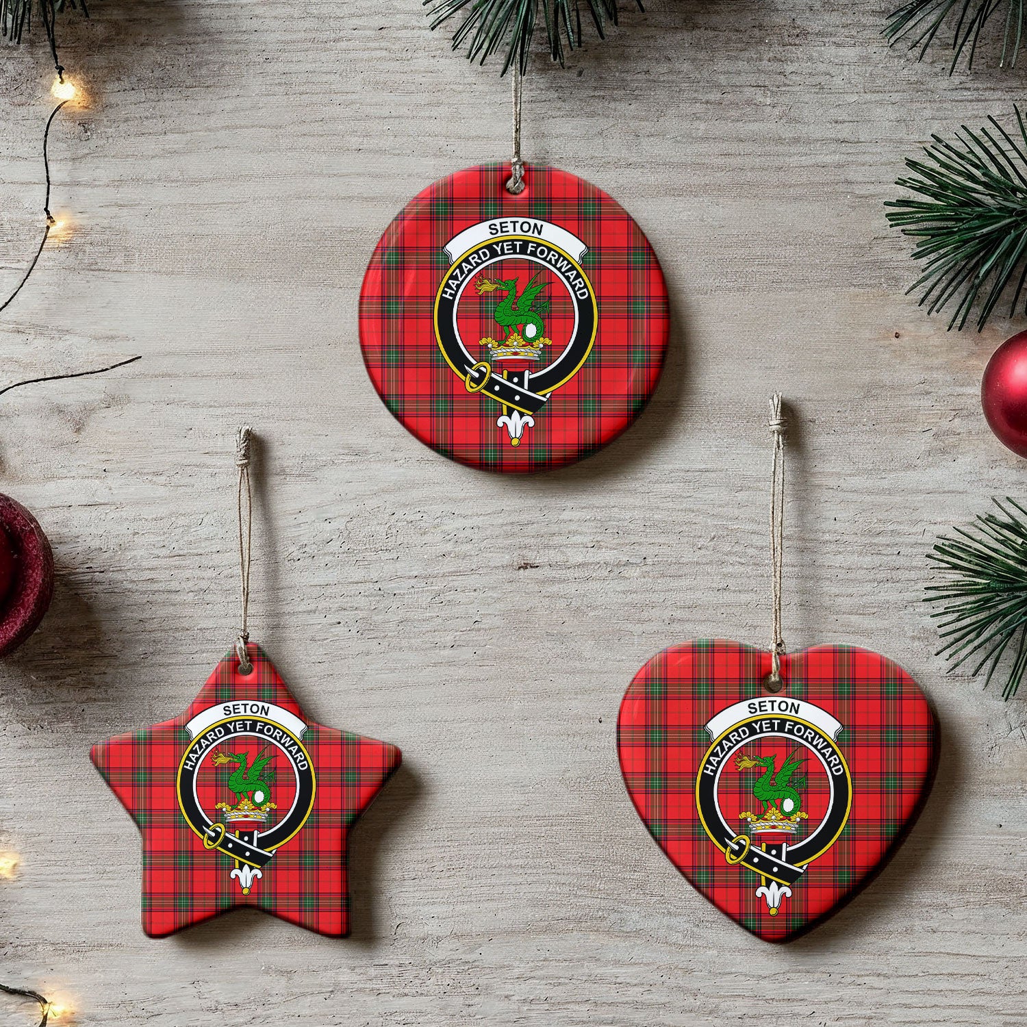 Seton Modern Tartan Crest Christmas Ceramic Ornament