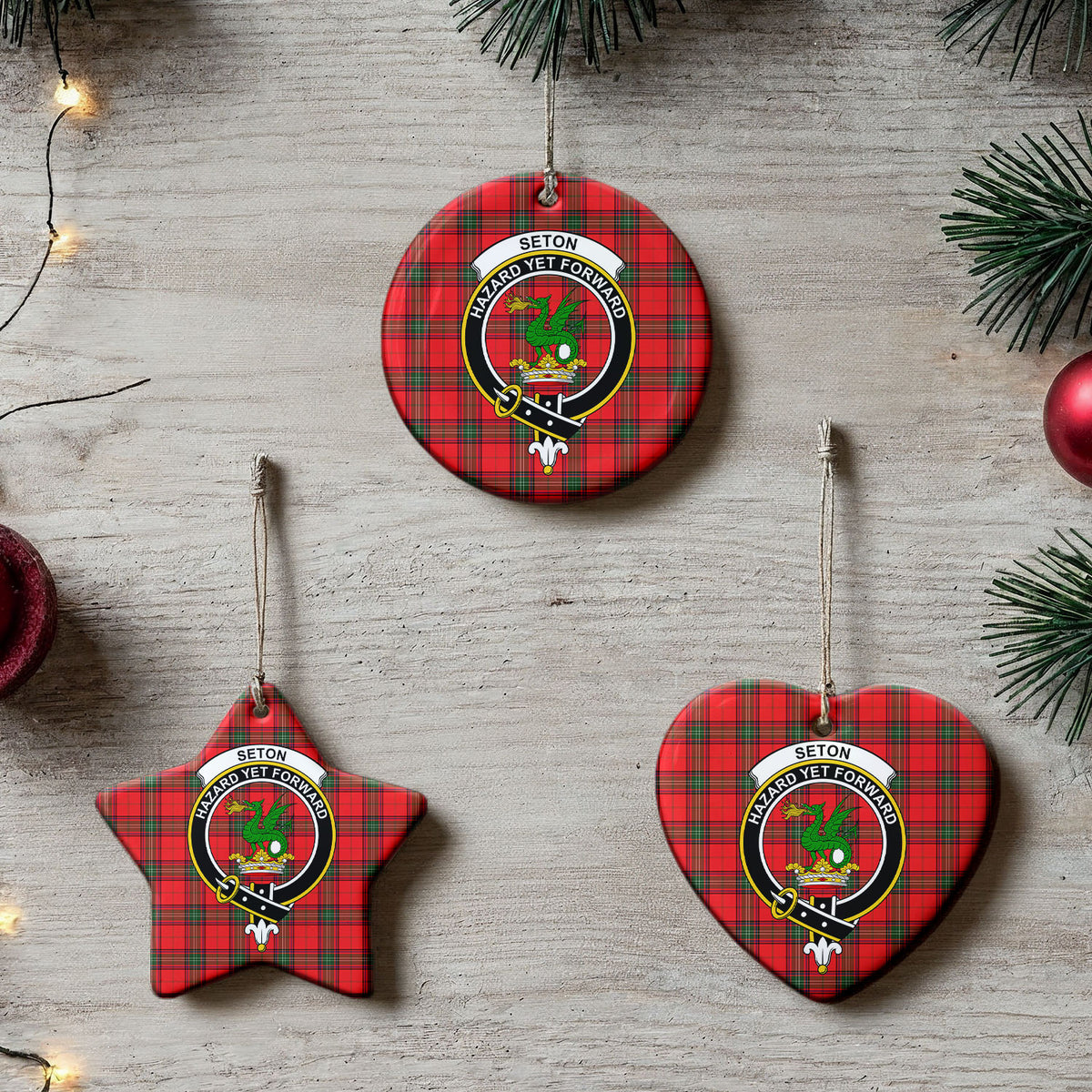 Seton Modern Tartan Crest Christmas Ceramic Ornament