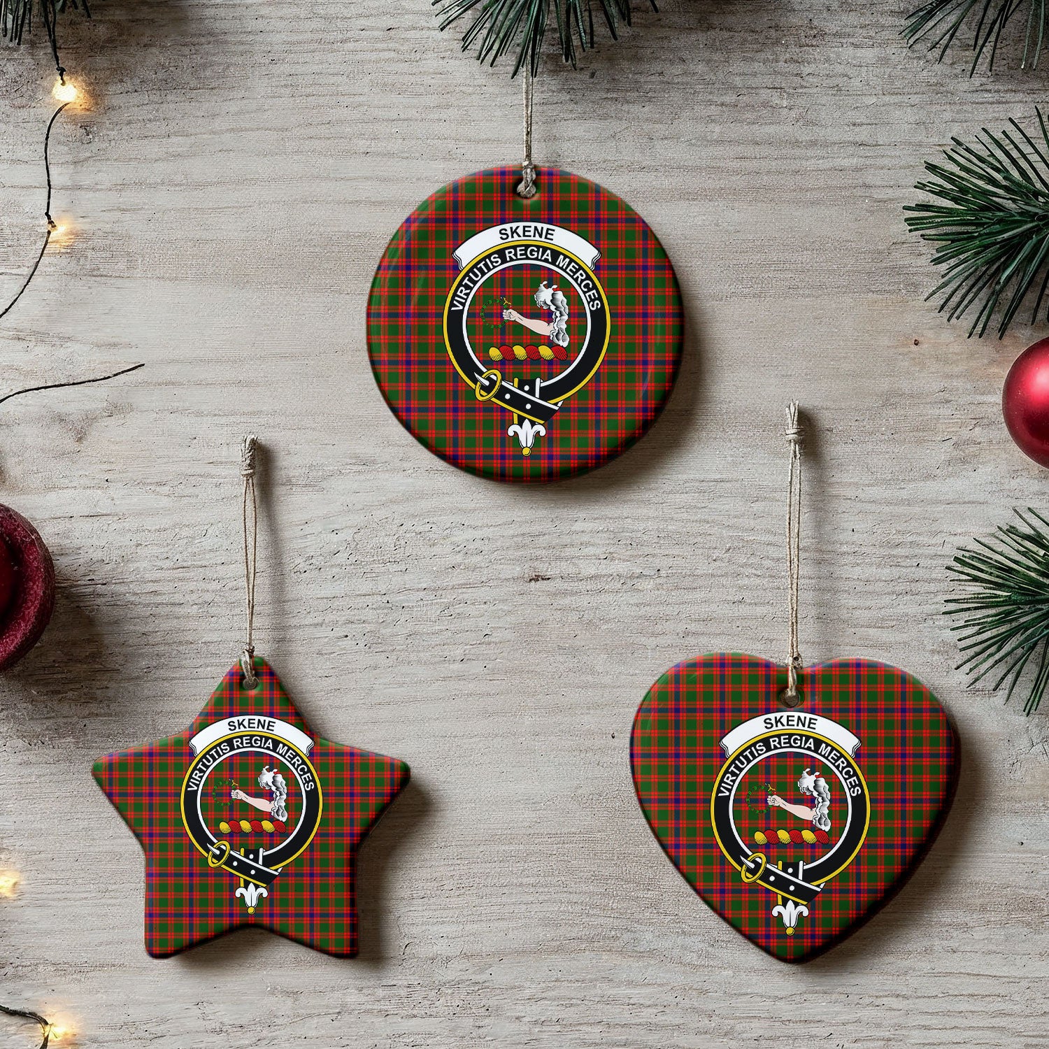 Skene Modern Tartan Crest Christmas Ceramic Ornament