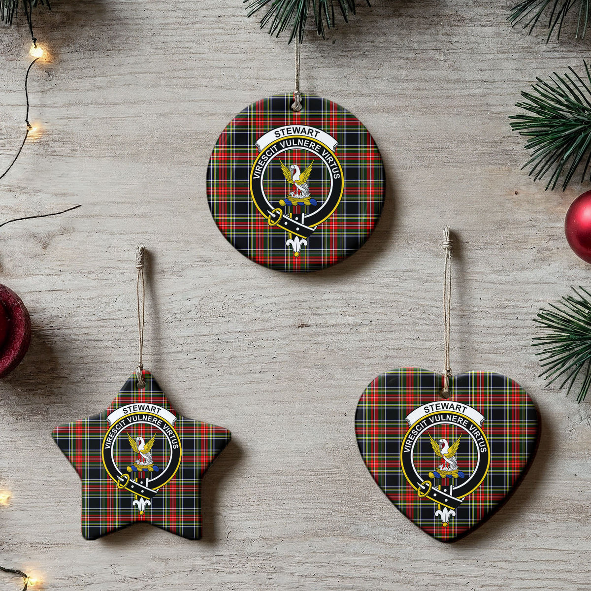 Stewart Black Tartan Crest Christmas Ceramic Ornament
