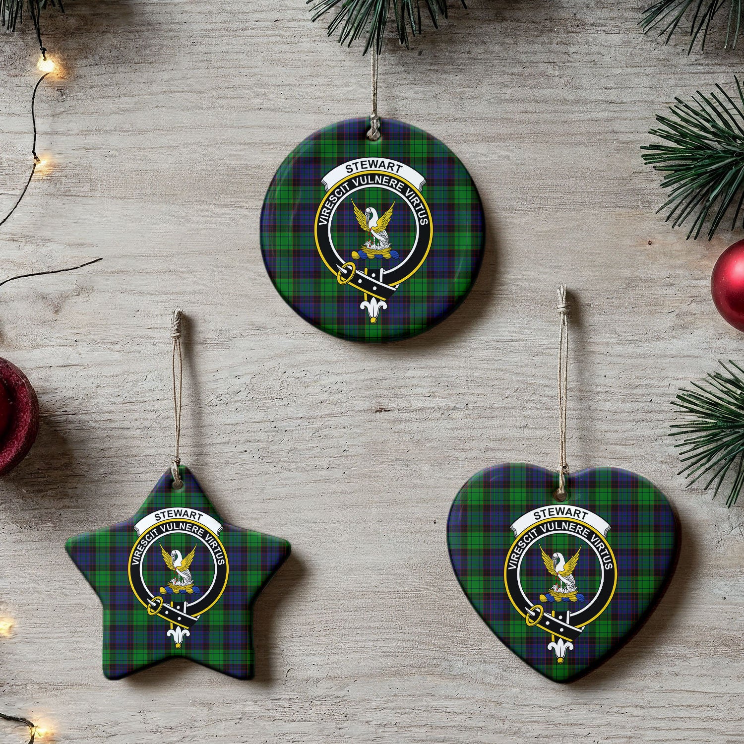Stewart Old Modern Tartan Crest Christmas Ceramic Ornament