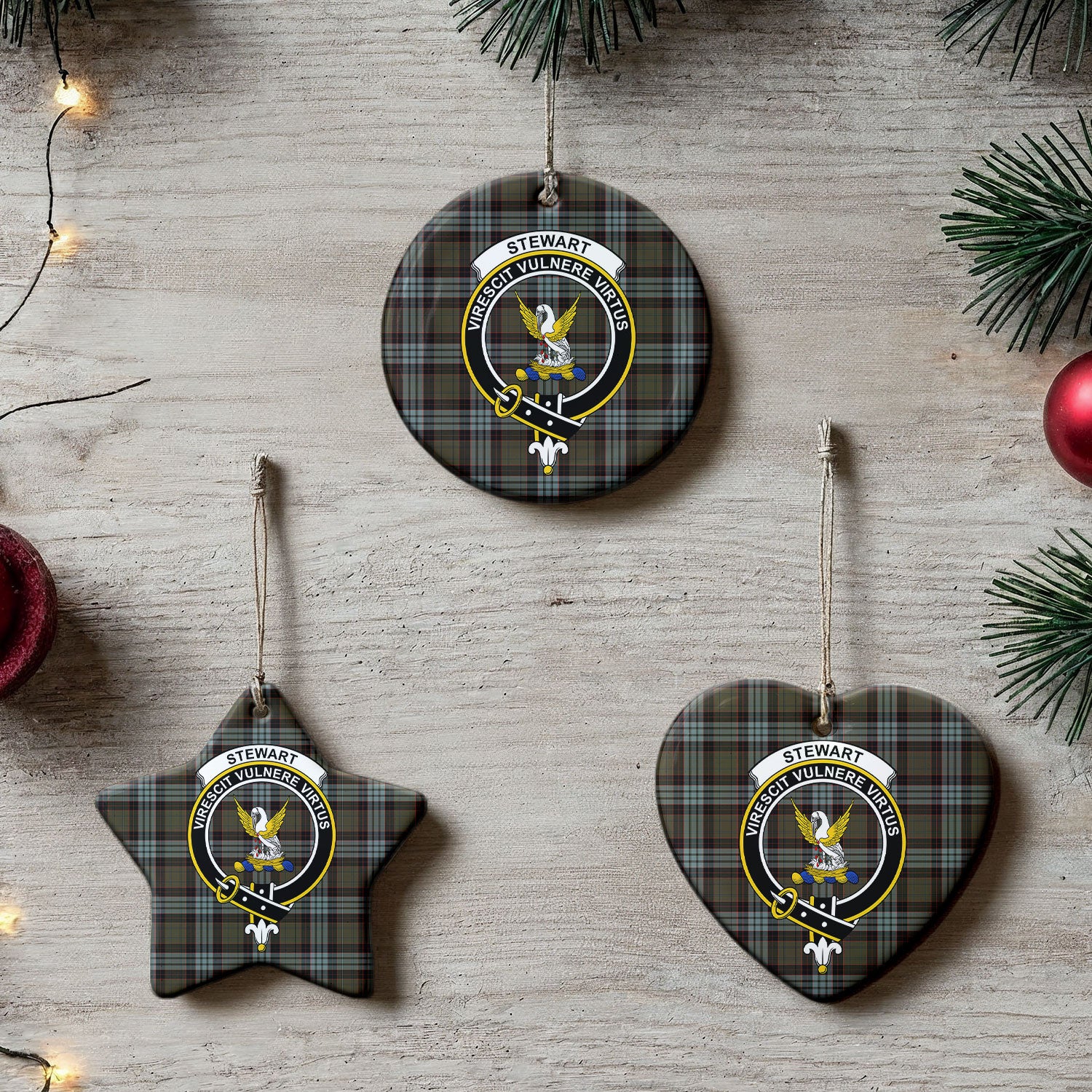 Stewart Old Weathered Tartan Crest Christmas Ceramic Ornament