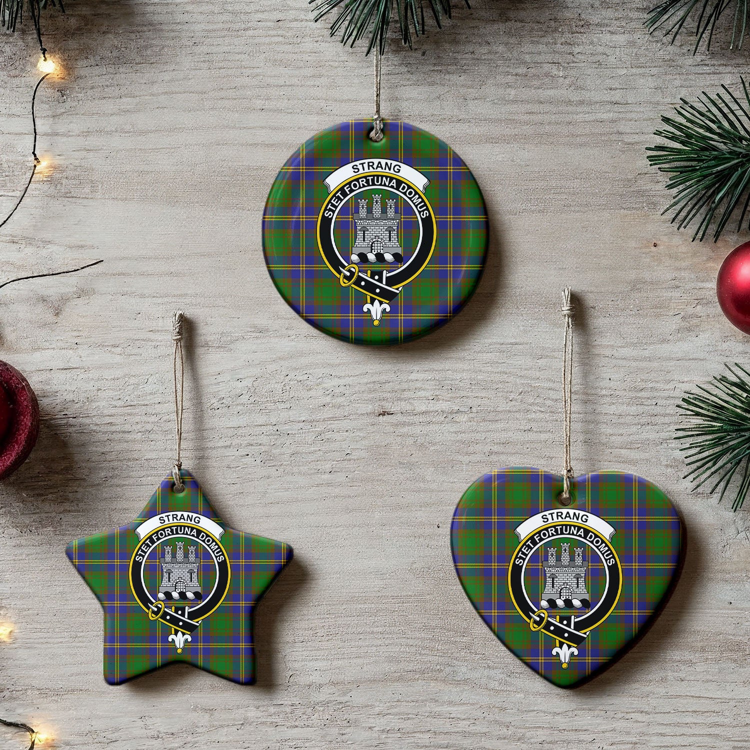 Strang (or Strange) Tartan Crest Christmas Ceramic Ornament