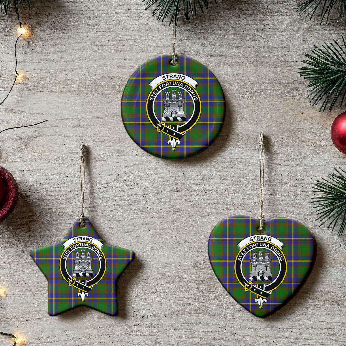 Strang (or Strange) Tartan Crest Christmas Ceramic Ornament