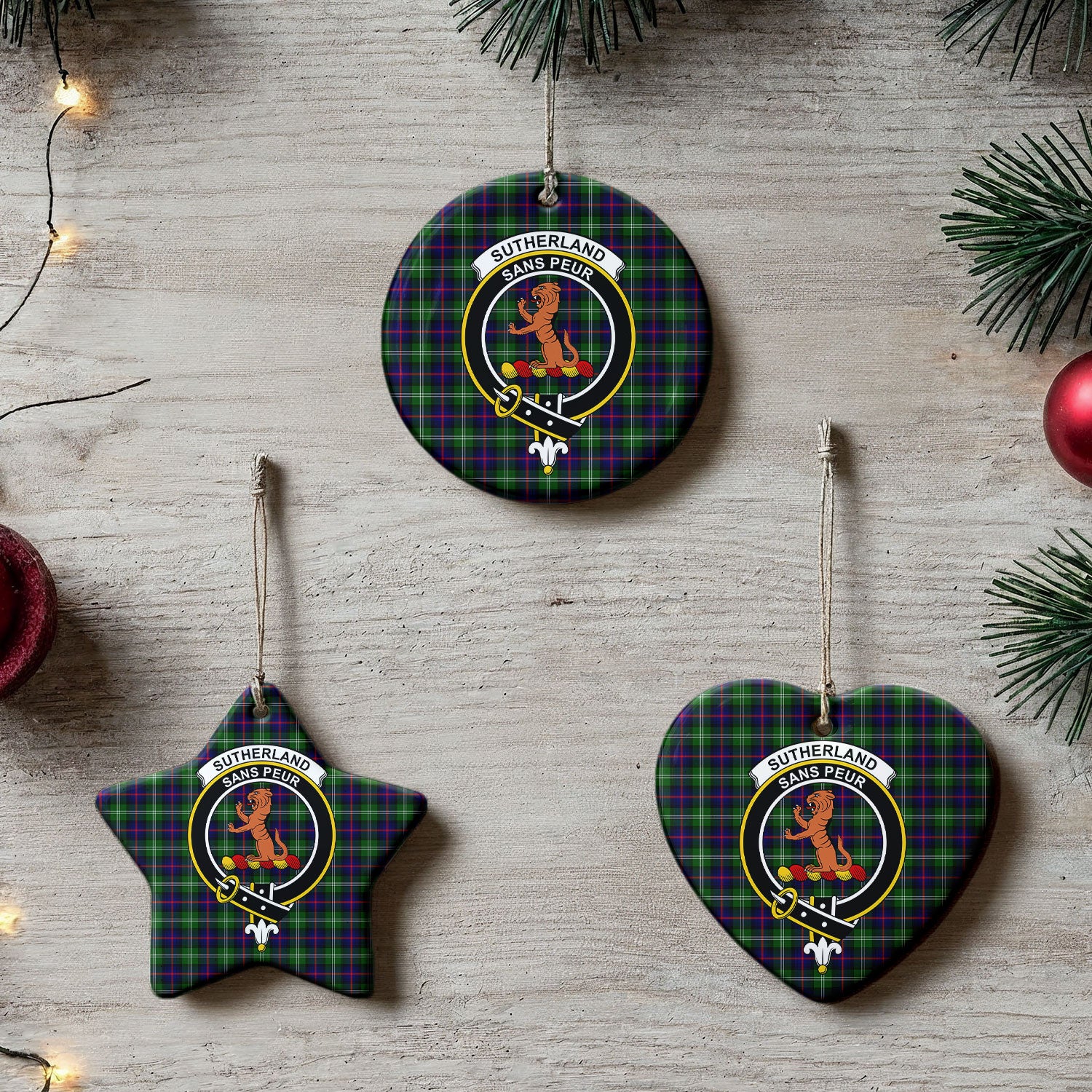 Sutherland Modern Tartan Crest Christmas Ceramic Ornament