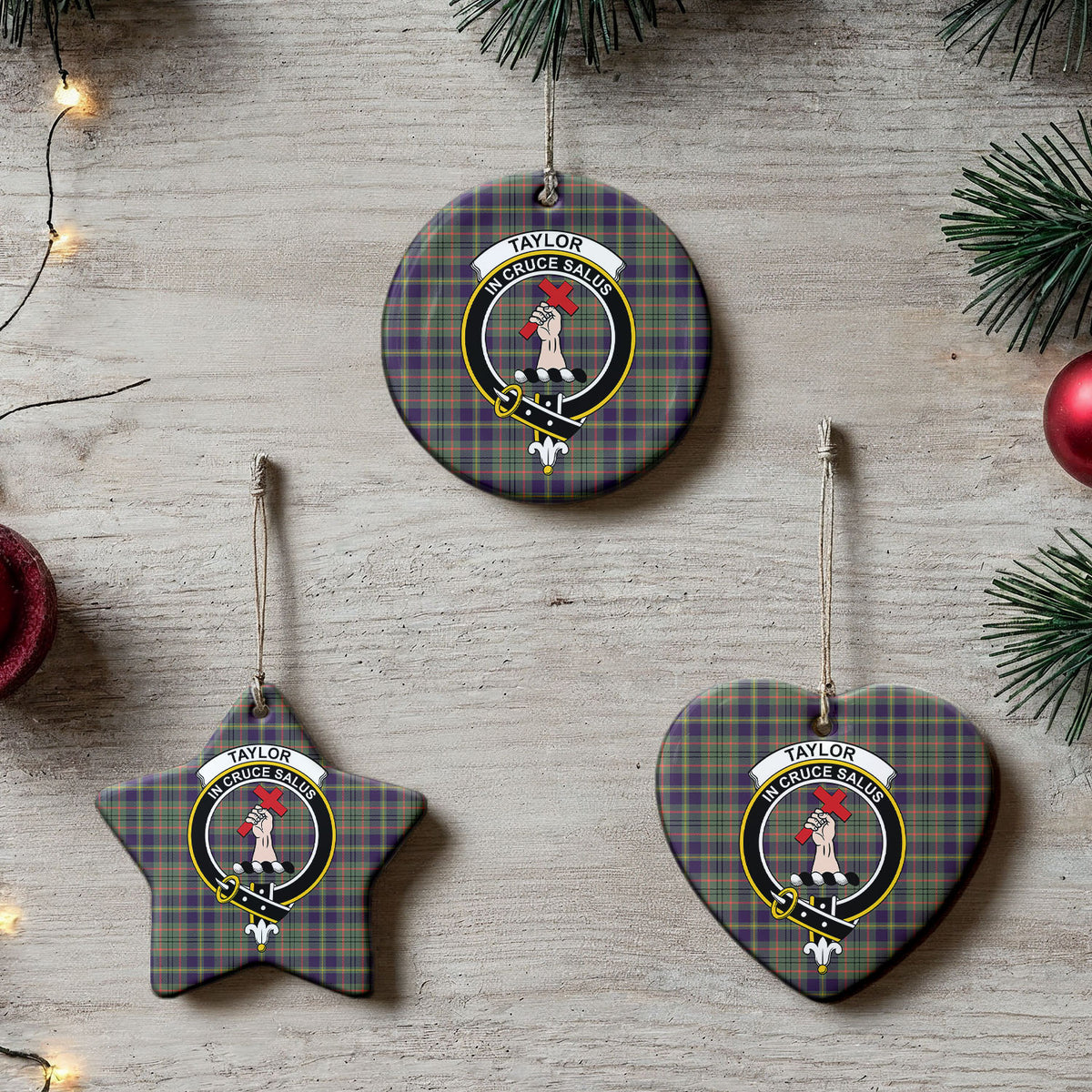 Taylor Weathered Tartan Crest Christmas Ceramic Ornament