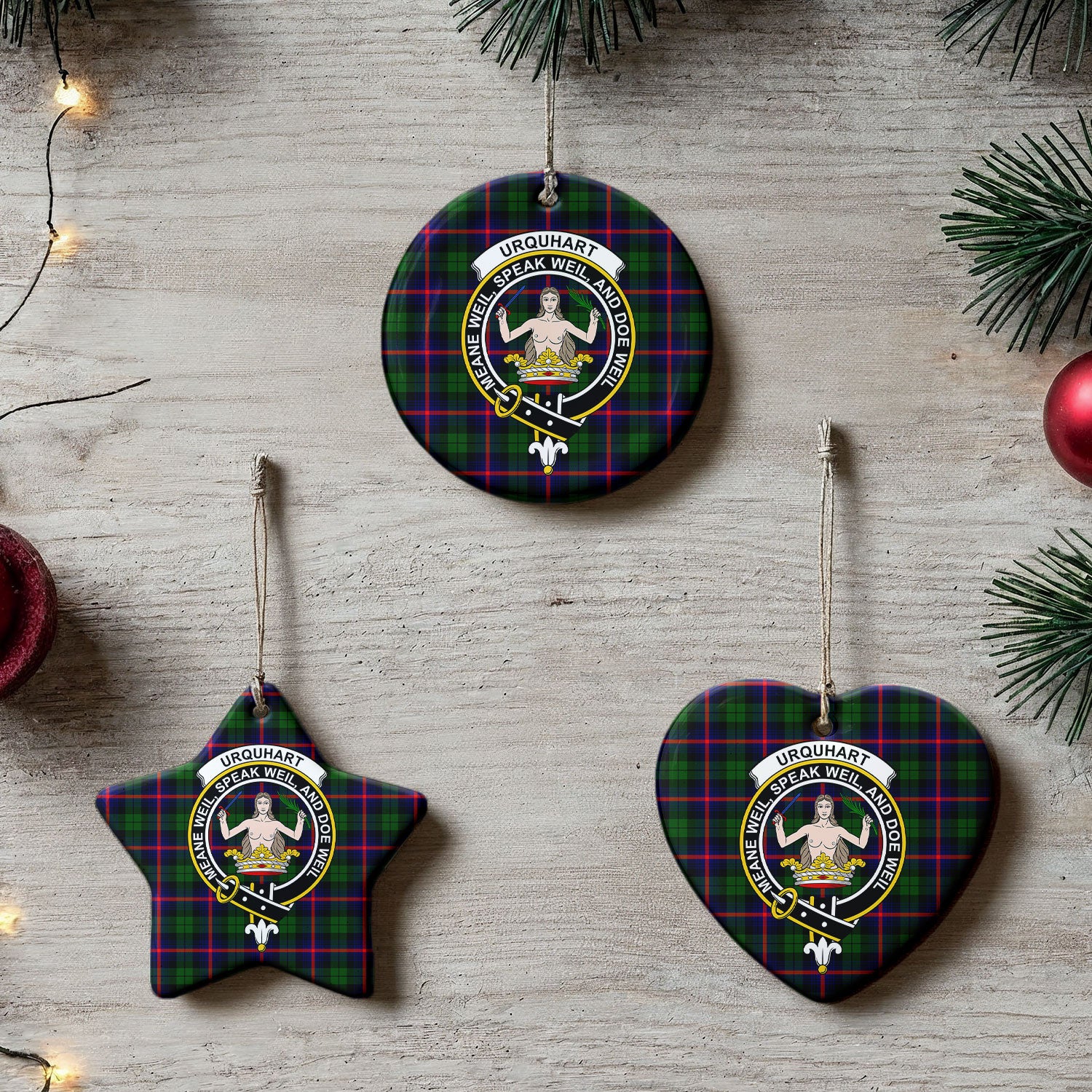 Urquhart Modern Tartan Crest Christmas Ceramic Ornament