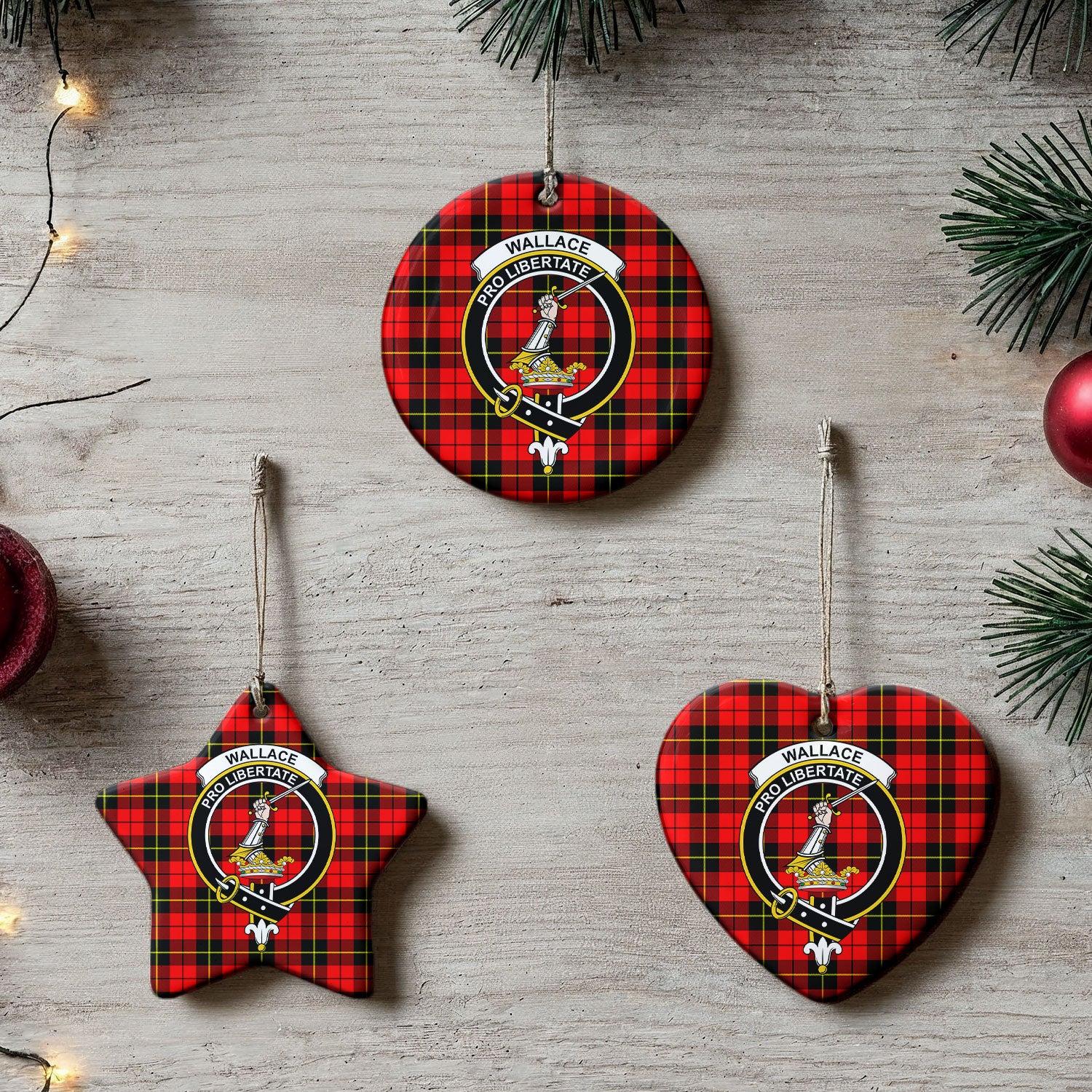Wallace Hunting Red Tartan Crest Christmas Ceramic Ornament