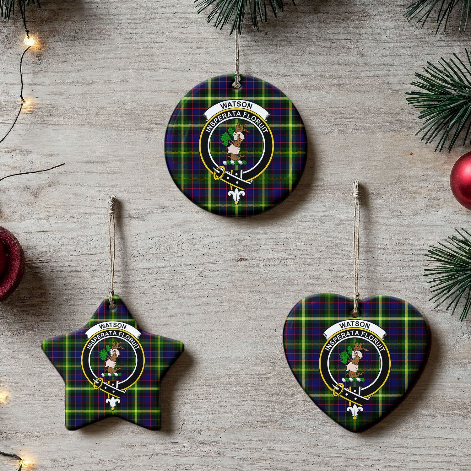 Watson Modern Tartan Crest Christmas Ceramic Ornament