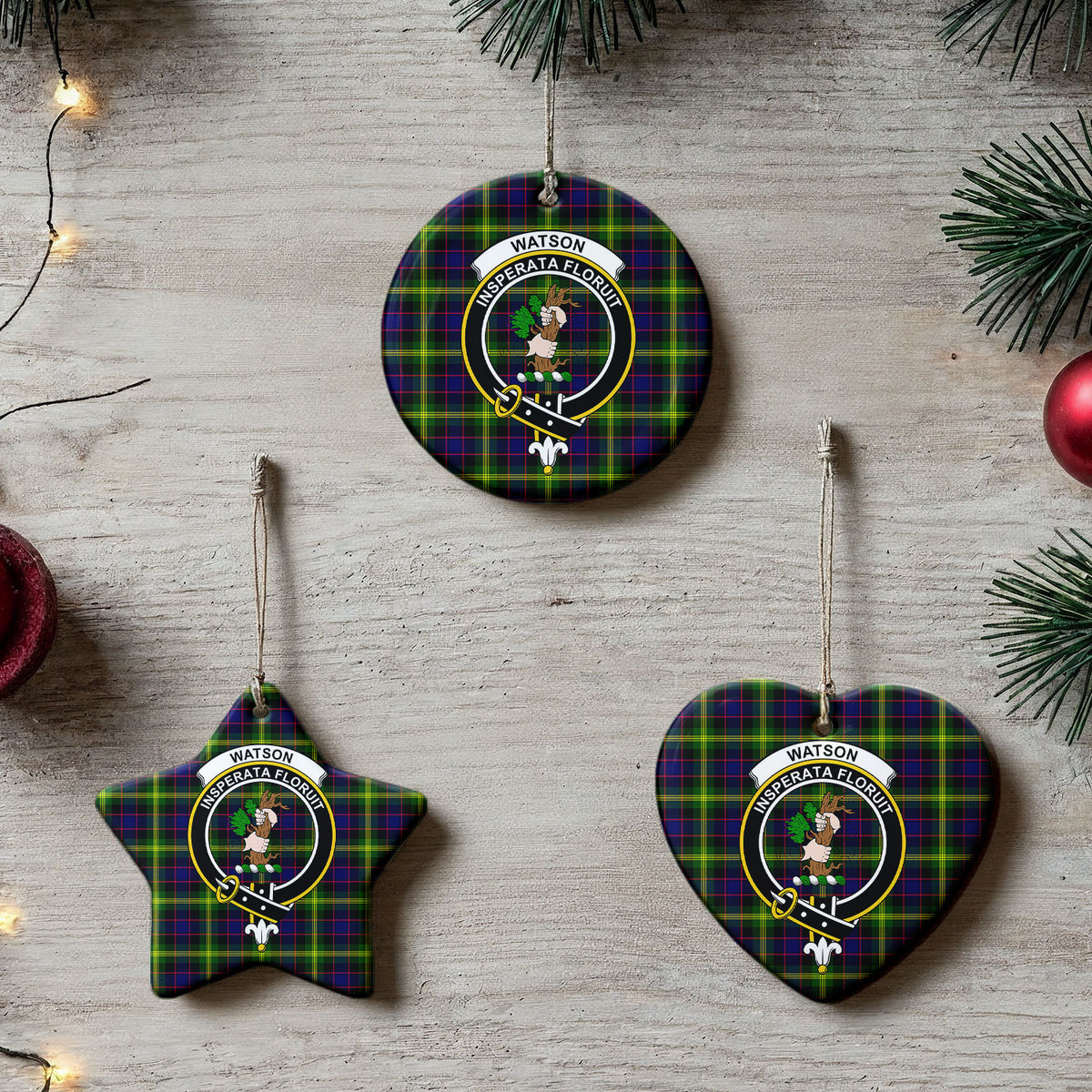 Watson Modern Tartan Crest Christmas Ceramic Ornament
