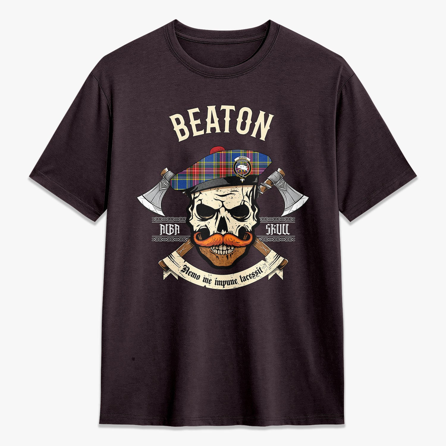 Beaton Modern Tartan Crest 2D T-shirt - Alba Skull Style