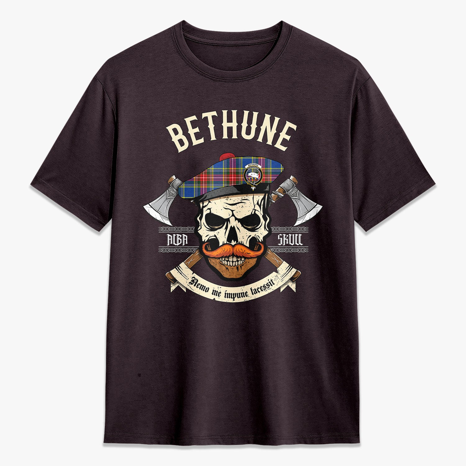 Bethune Modern Tartan Crest 2D T-shirt - Alba Skull Style