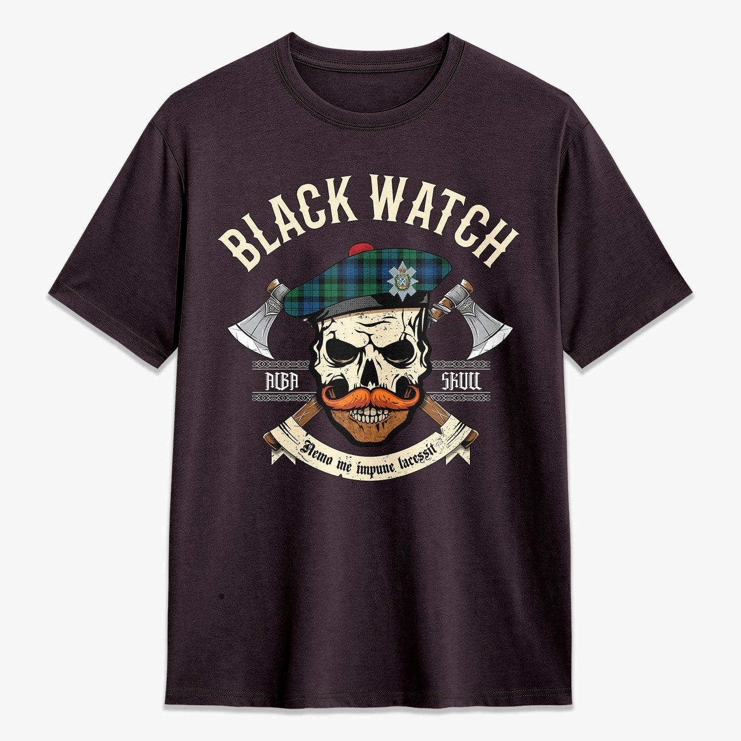 Black Watch Ancient Tartan Crest 2D T-shirt - Alba Skull Style